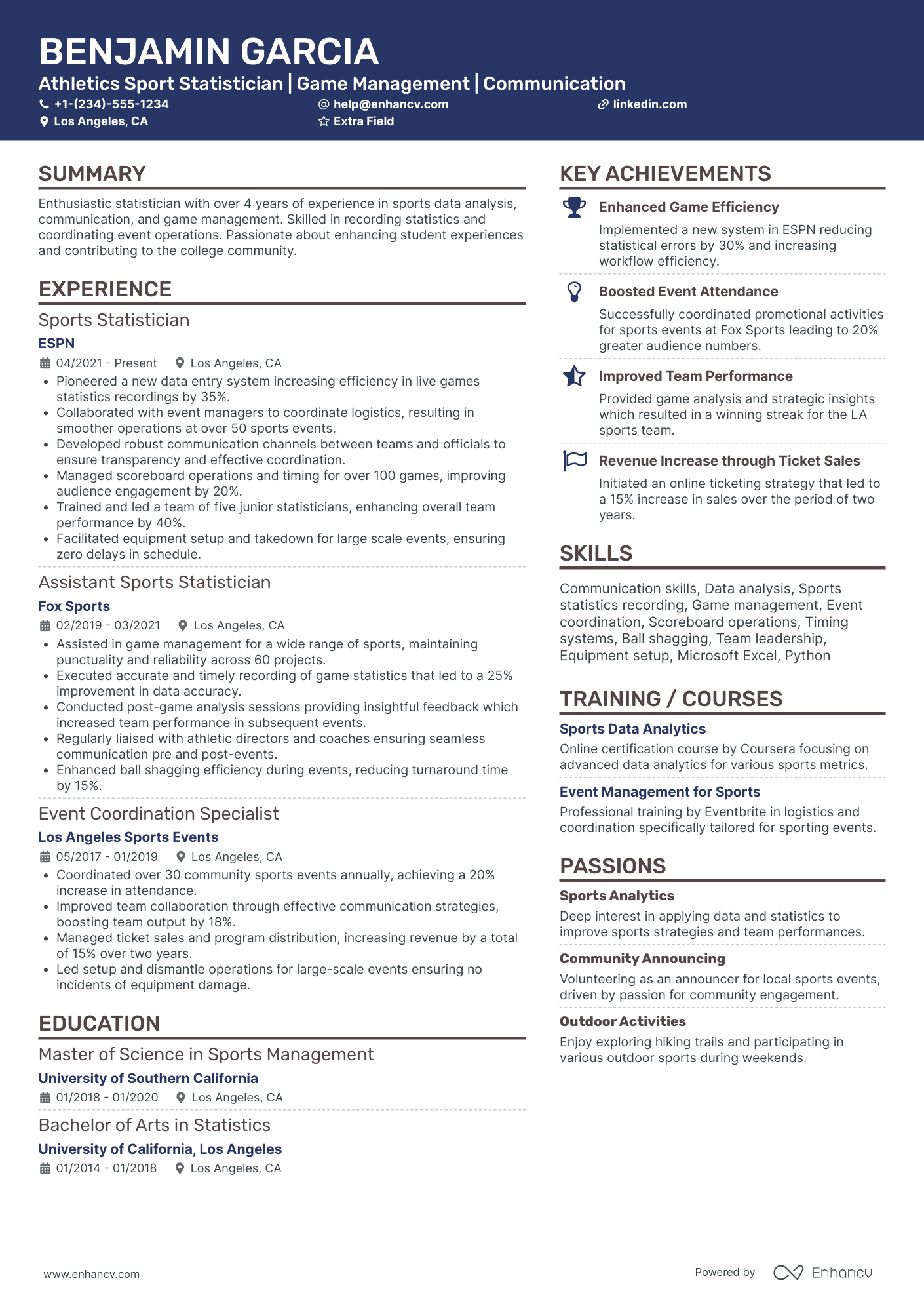 Senior Sports Statistician Resume Example