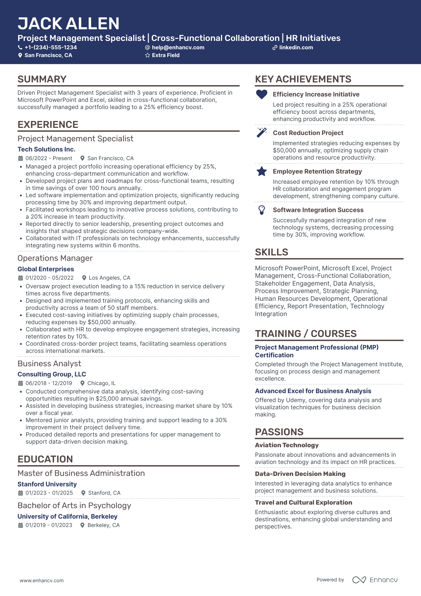 Undergraduate Project Management Intern Resume Example