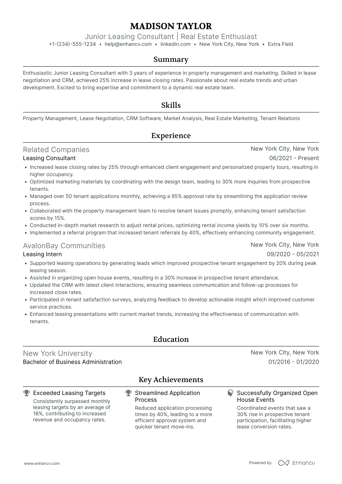 Junior Leasing Consultant Resume Example