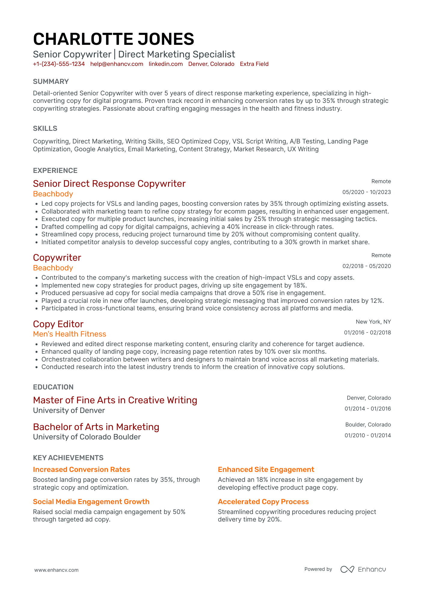 Direct Response Copywriter Resume Example