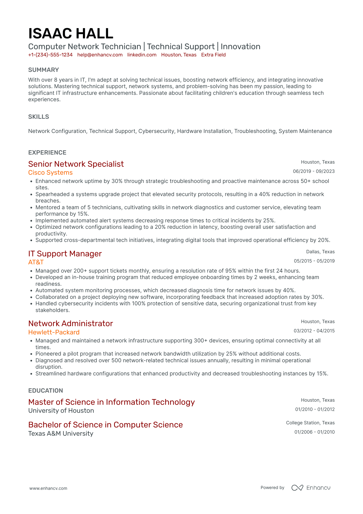 Computer Network Technician Resume Example