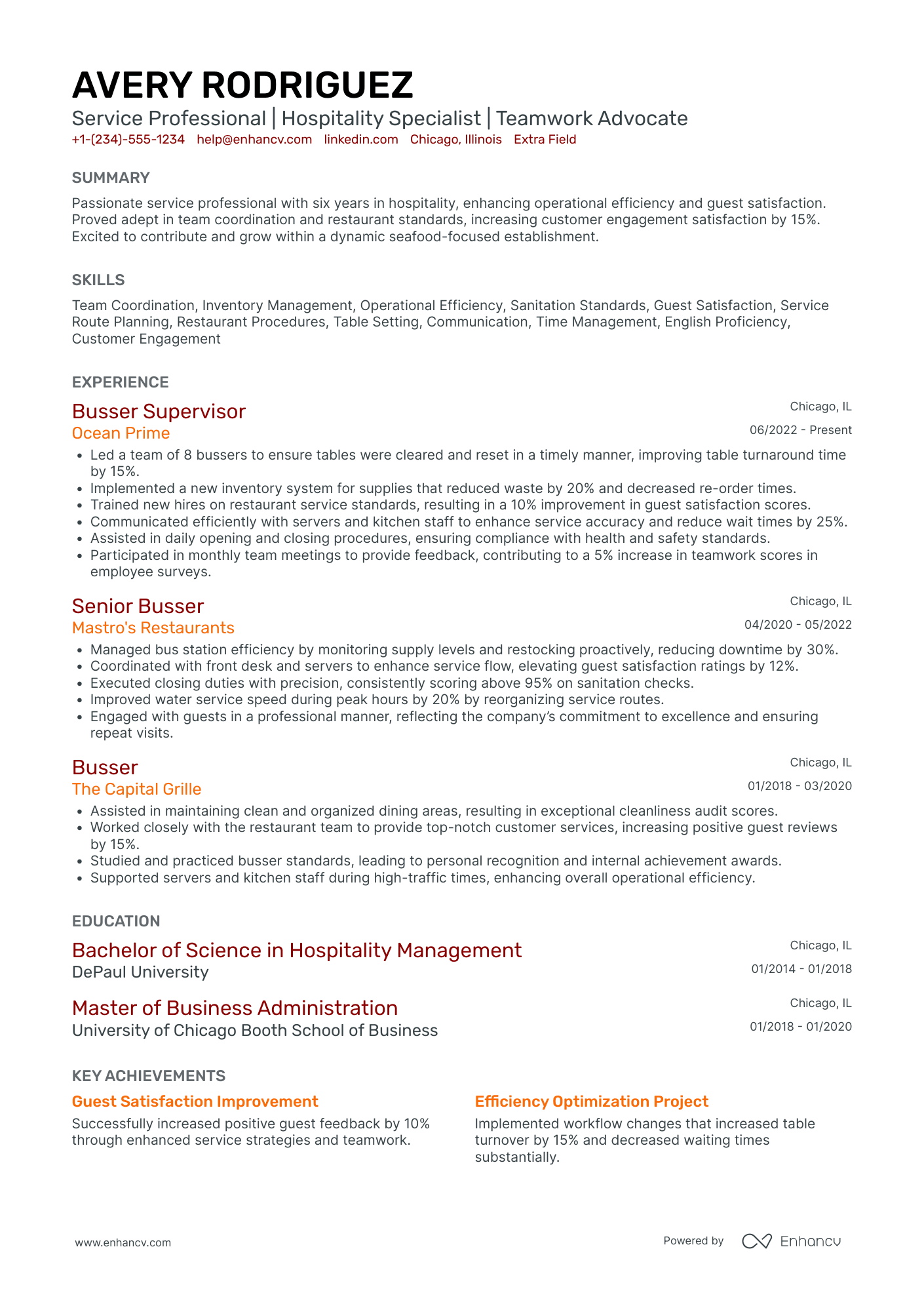 Lead Busser Resume Example