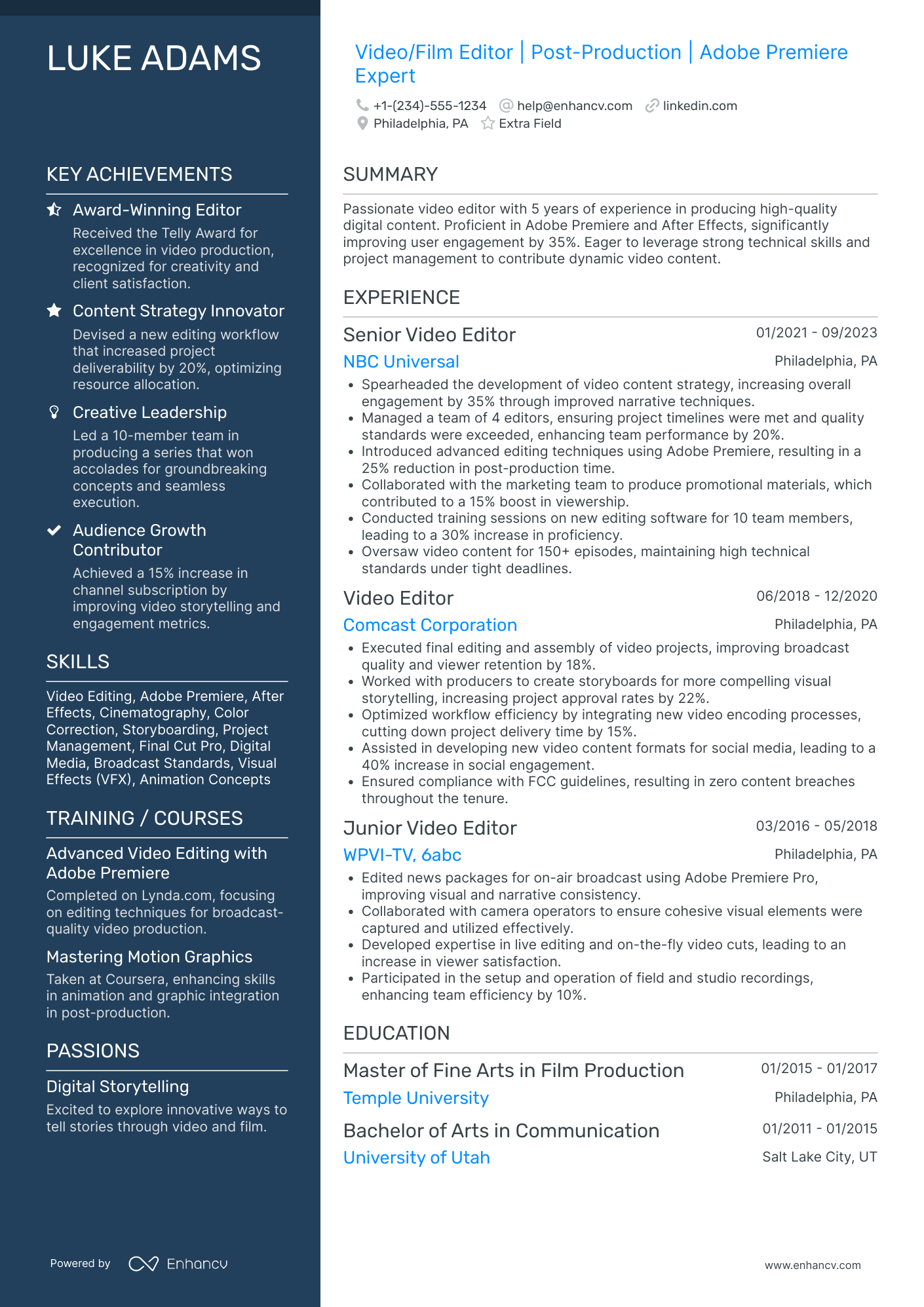 Corporate Video Editor Resume Example