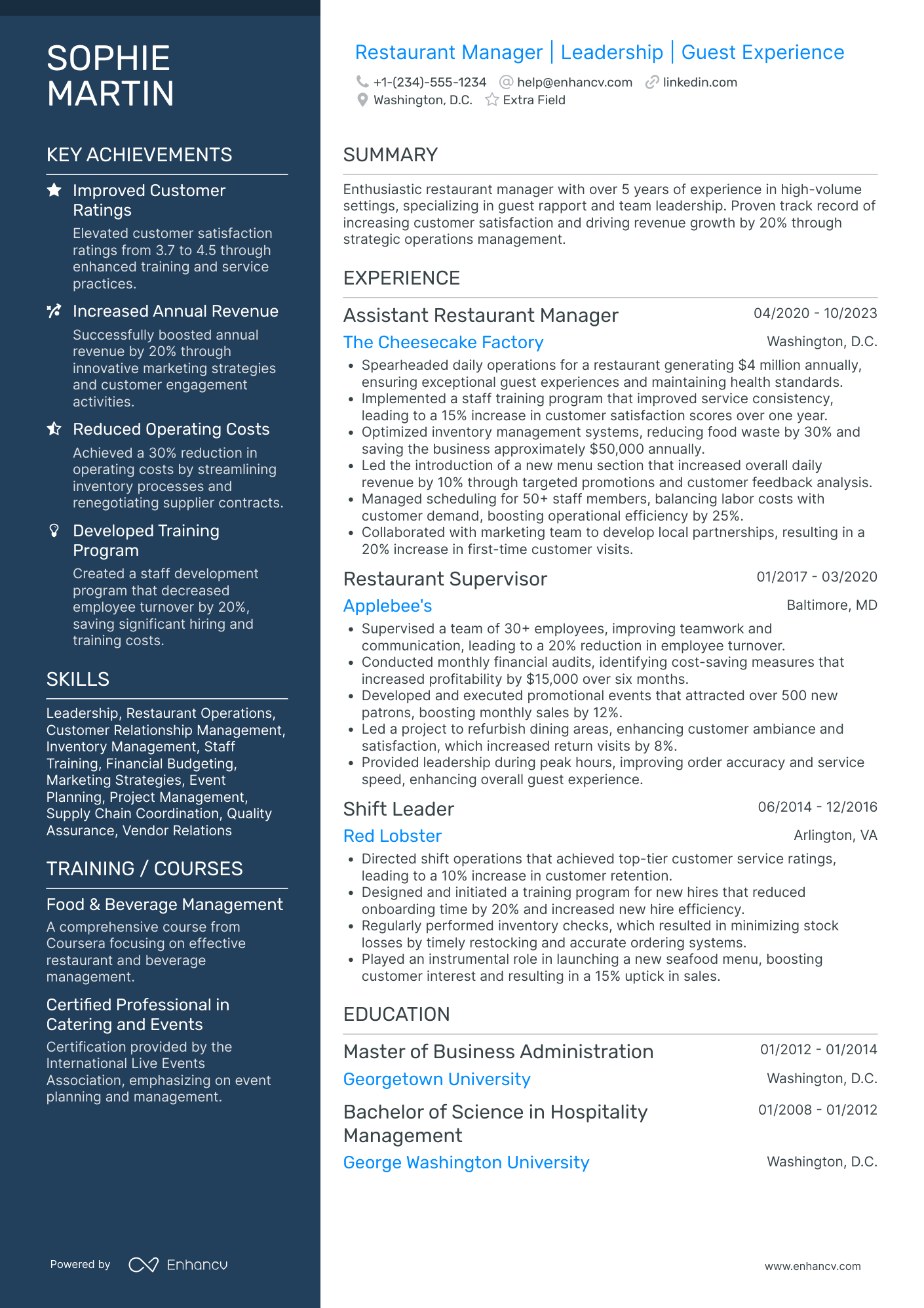 Restaurant Shift Manager Resume Example