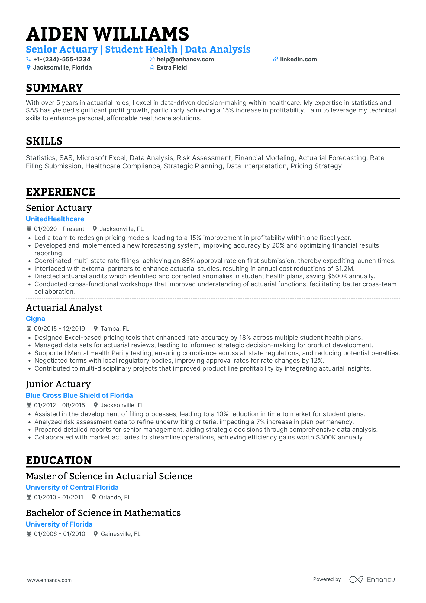 Senior Actuary Resume Example