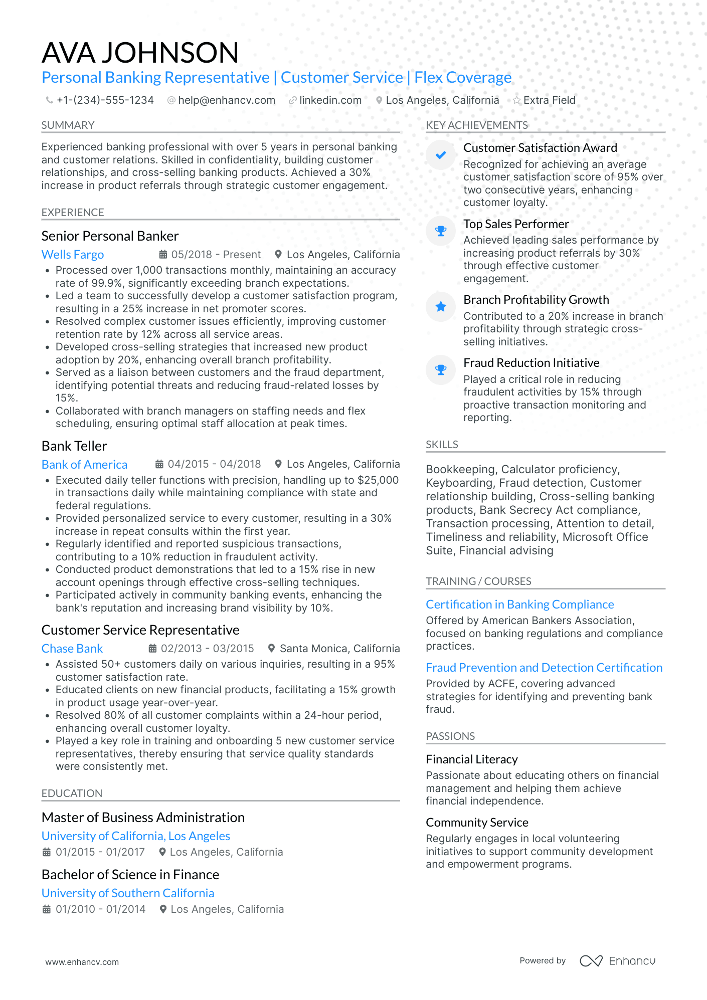 Personal Banking Representative Resume Example