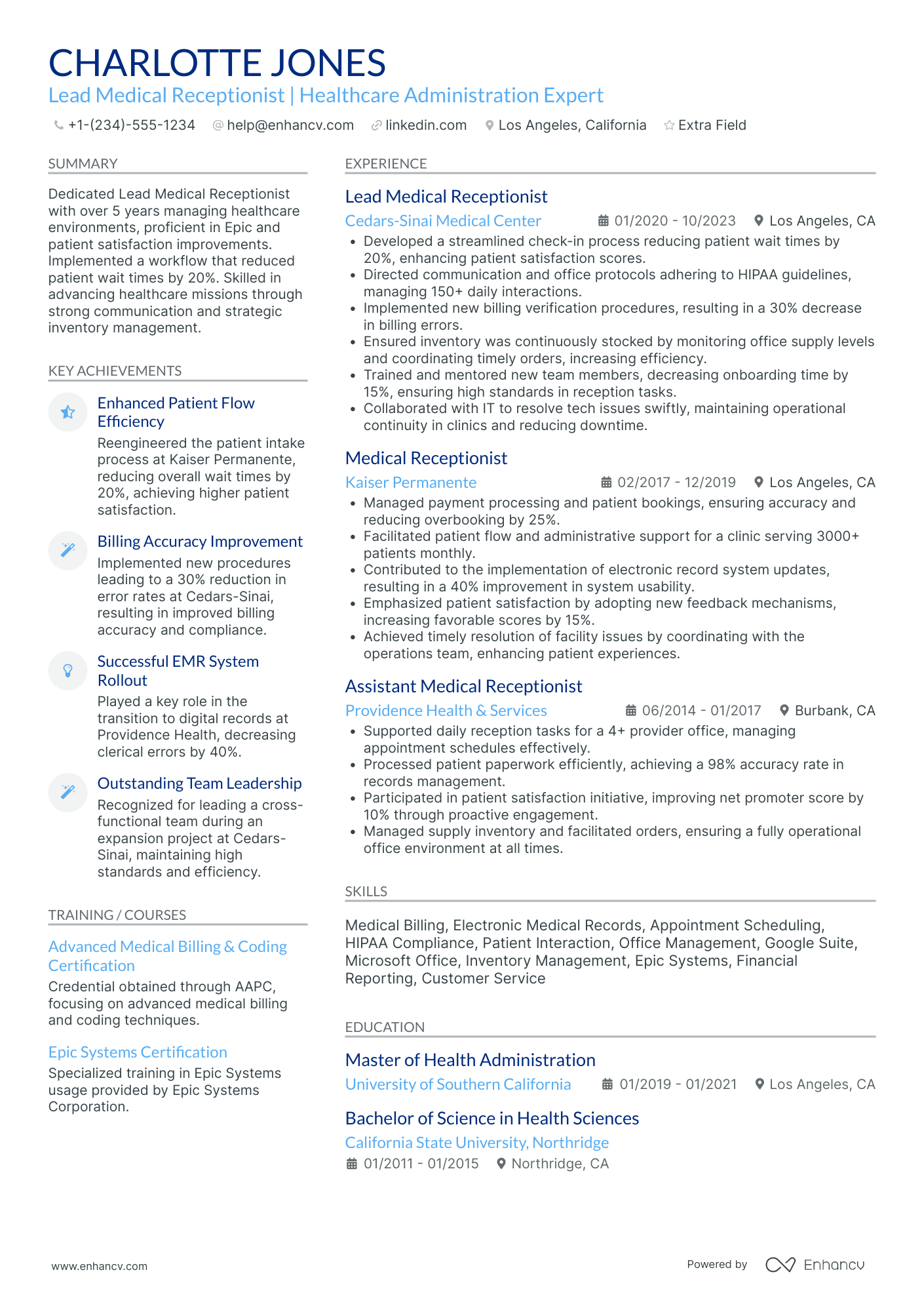 Lead Medical Receptionist Resume Example