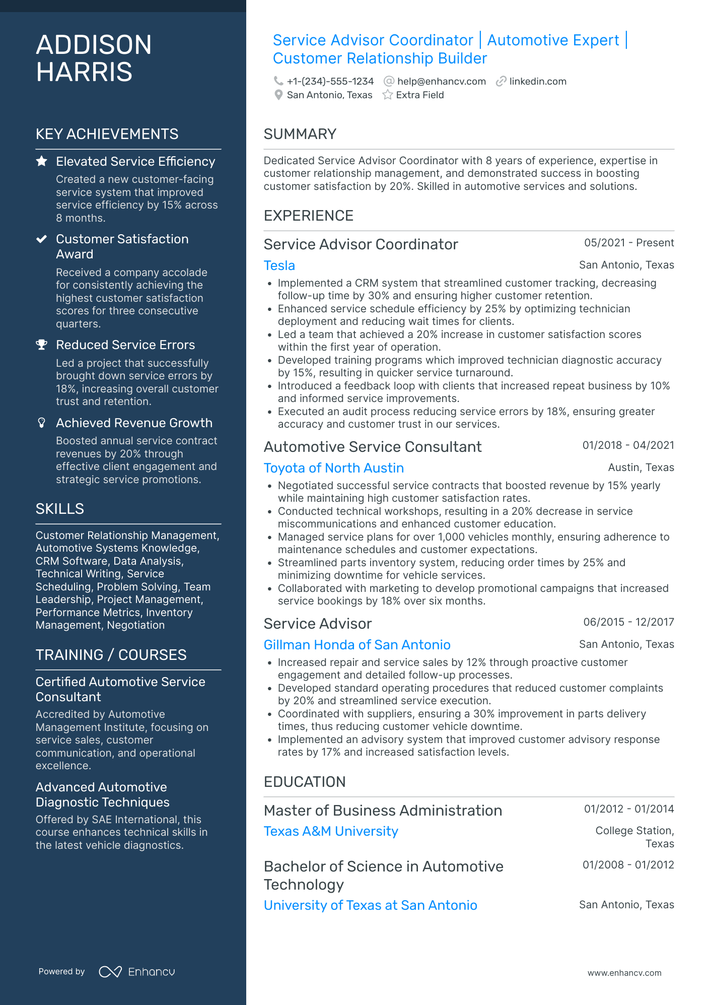 Service Advisor Coordinator Resume Example