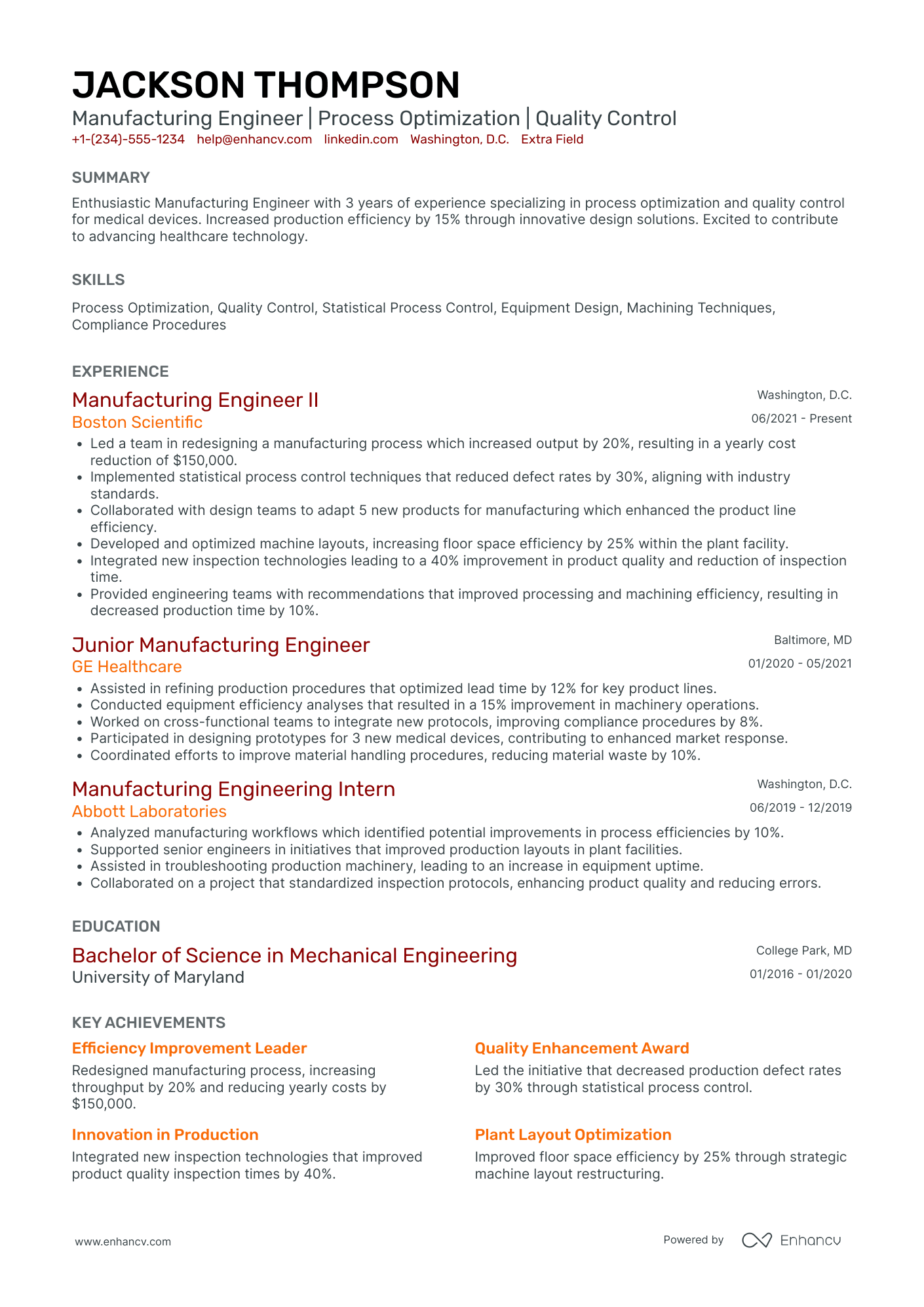 Junior Manufacturing Engineer Resume Example