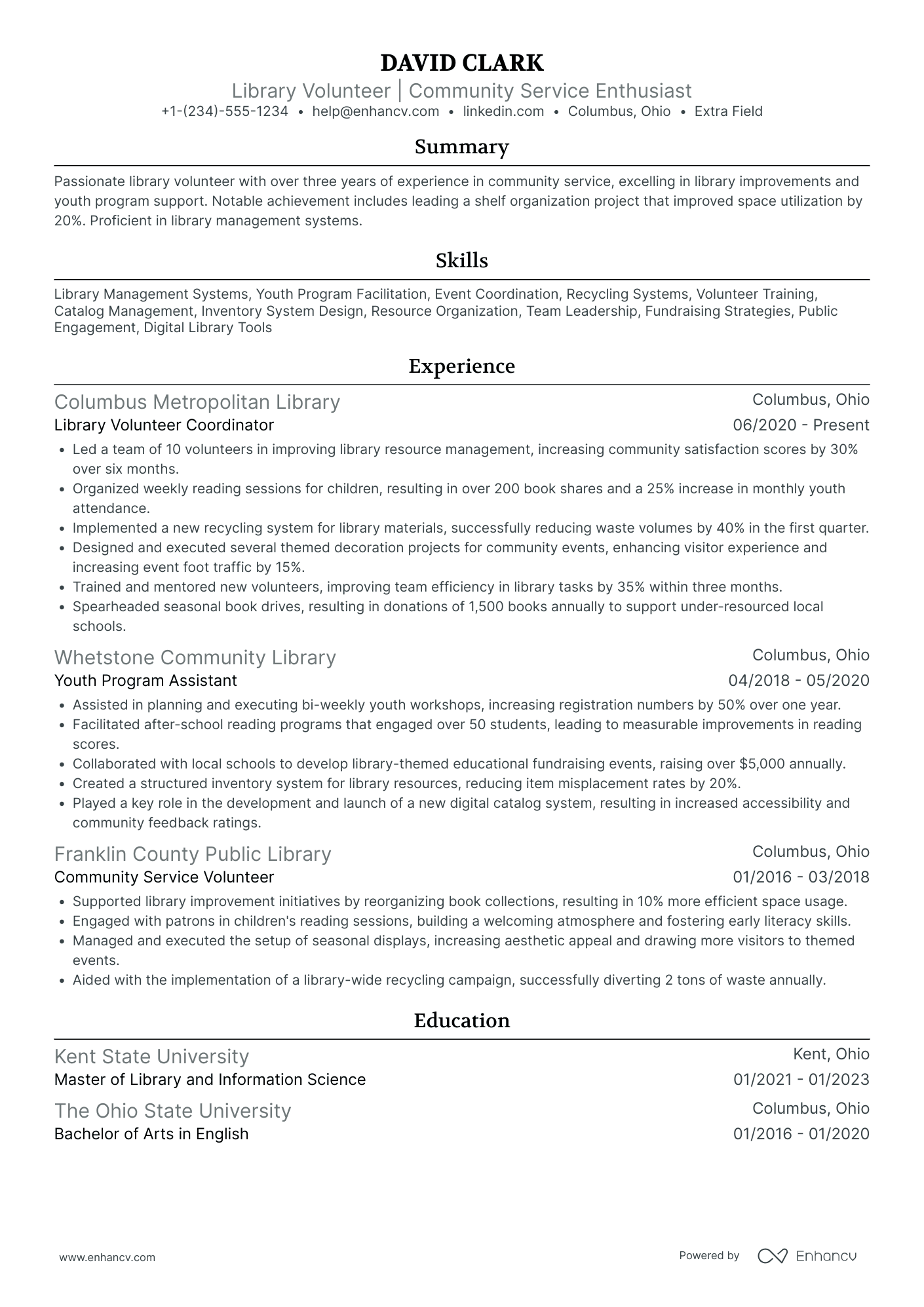 Library Volunteer Resume Example