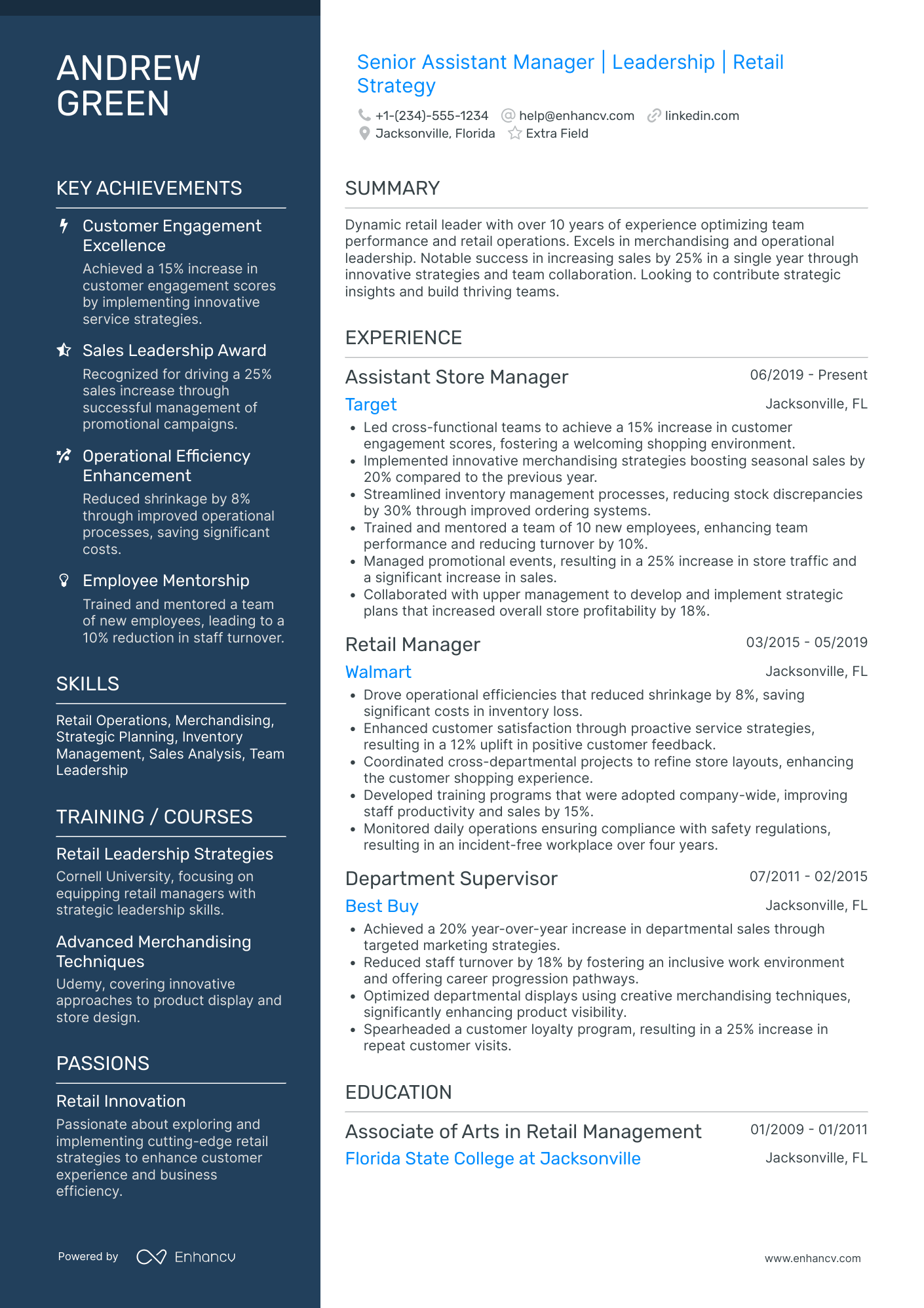 Senior Assistant Manager Resume Example