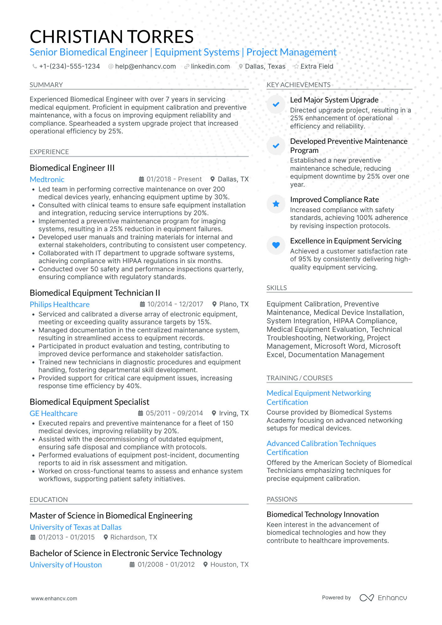 Biomedical Equipment Engineer Resume Example