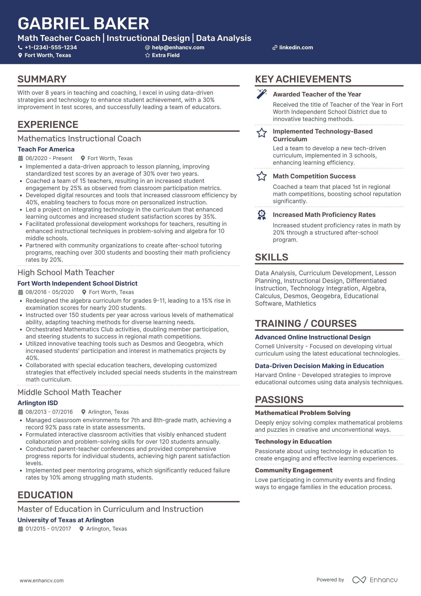 Math Teacher Coach Resume Example