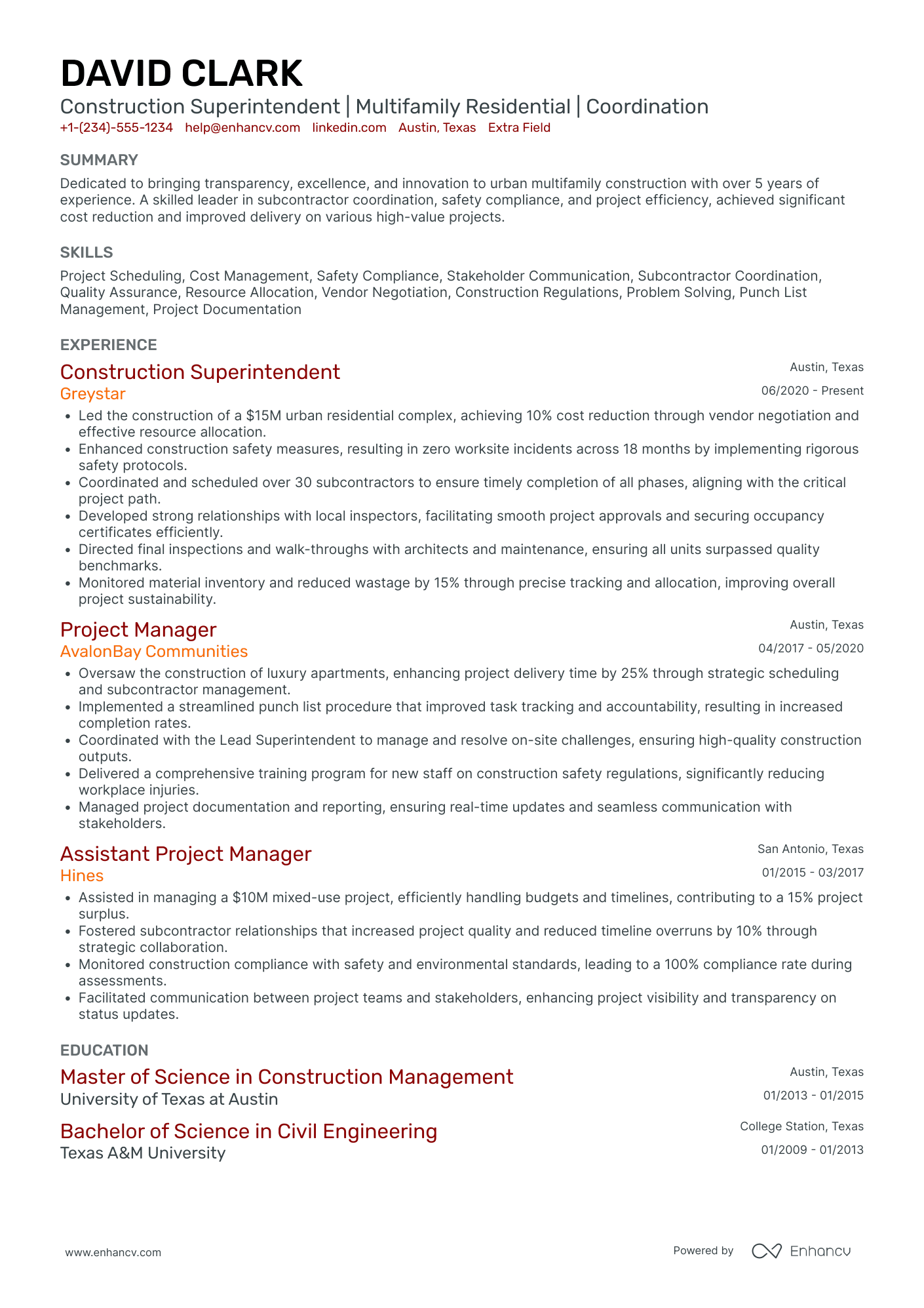 Finishing Construction Superintendent Resume Example