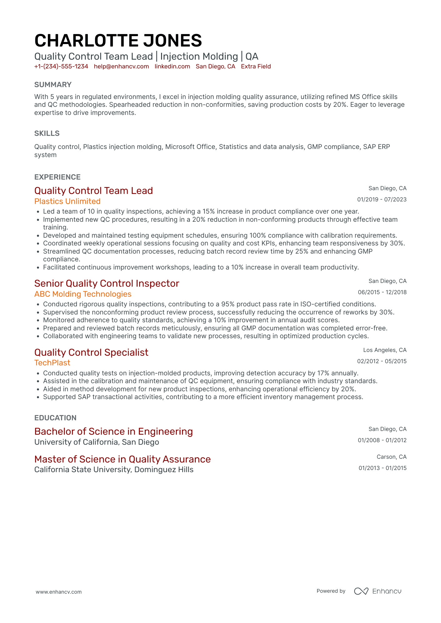 Quality Control Team Lead Resume Example