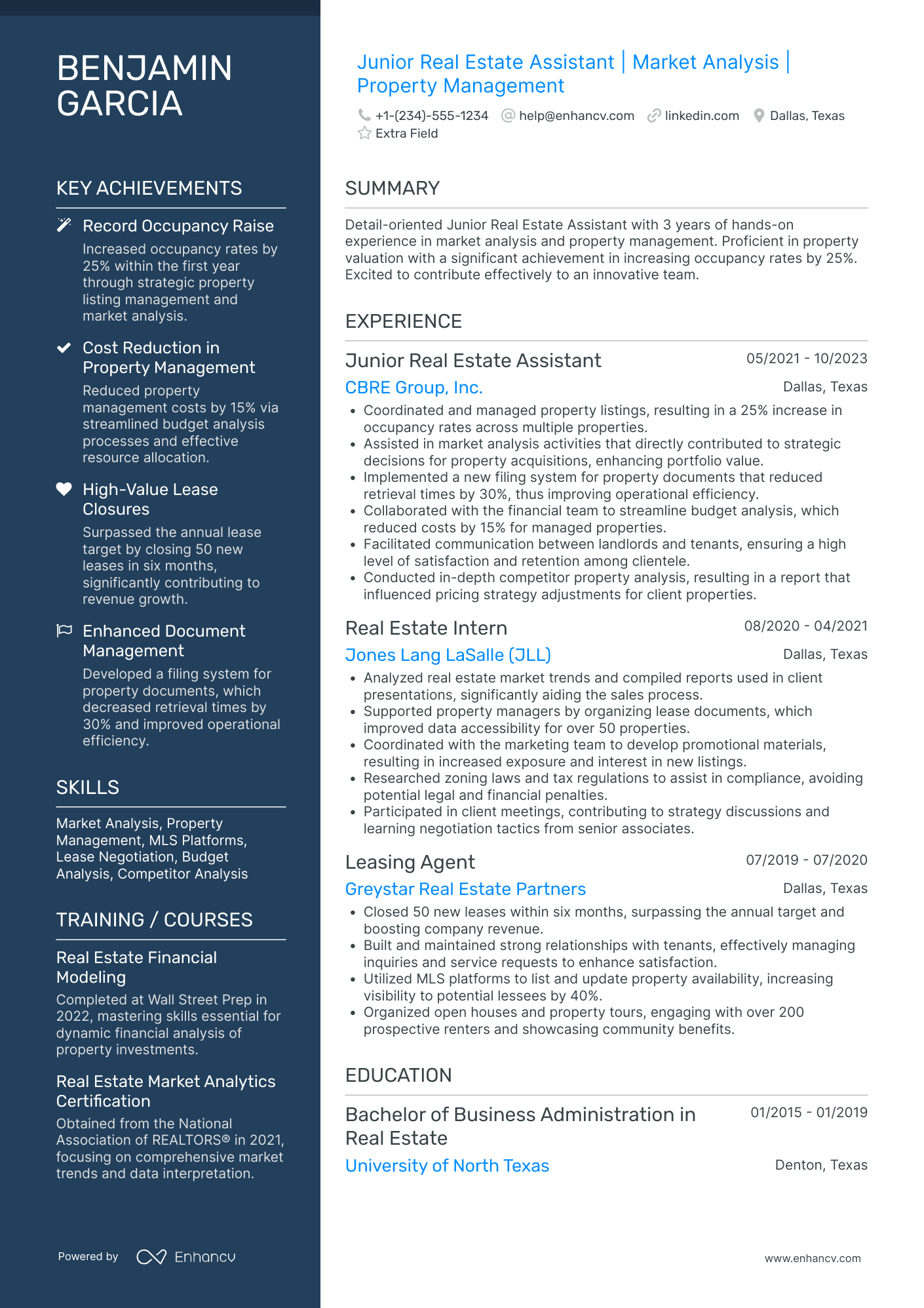 Junior Real Estate Assistant Resume Example