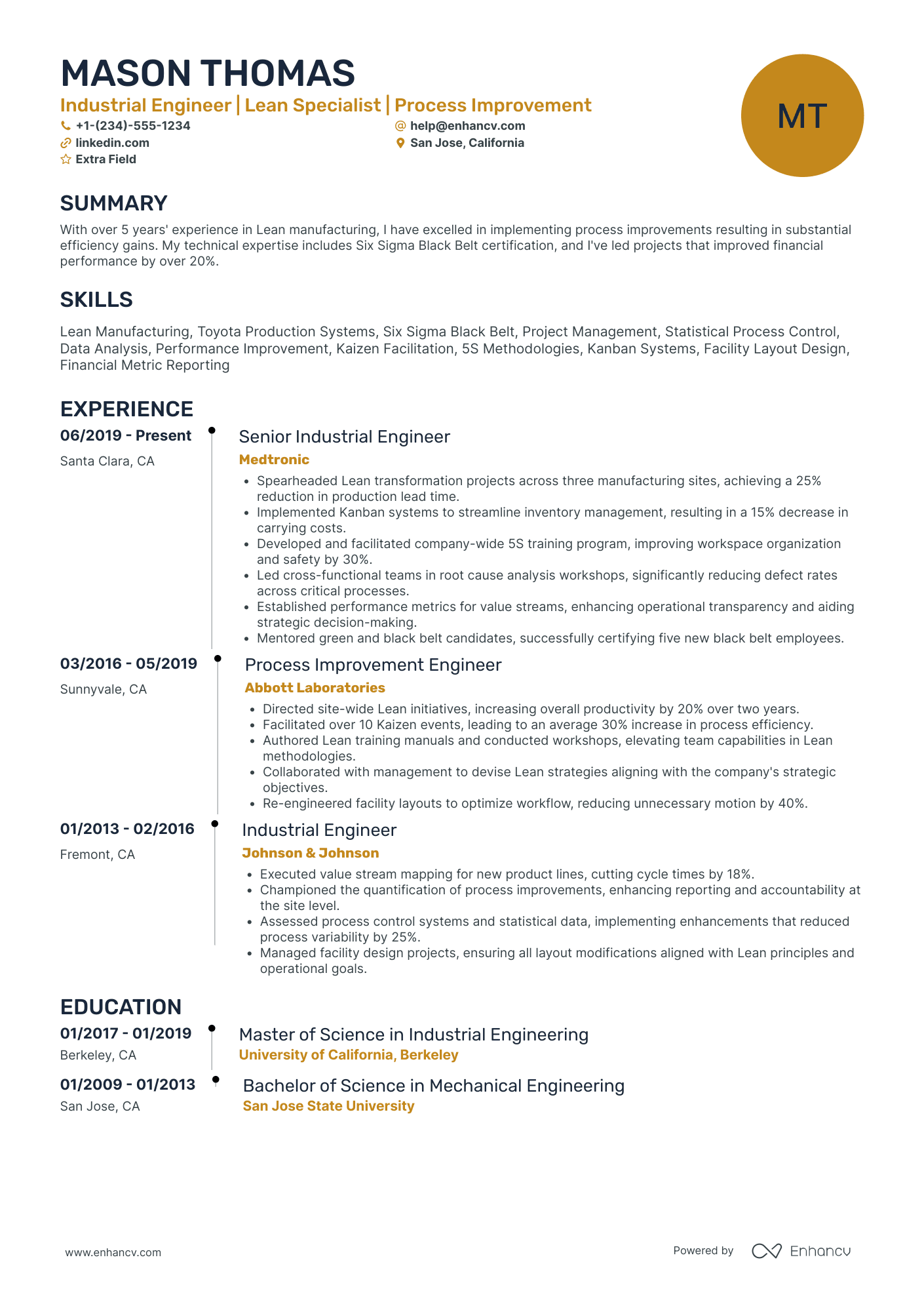 Lead Industrial Engineer Resume Example