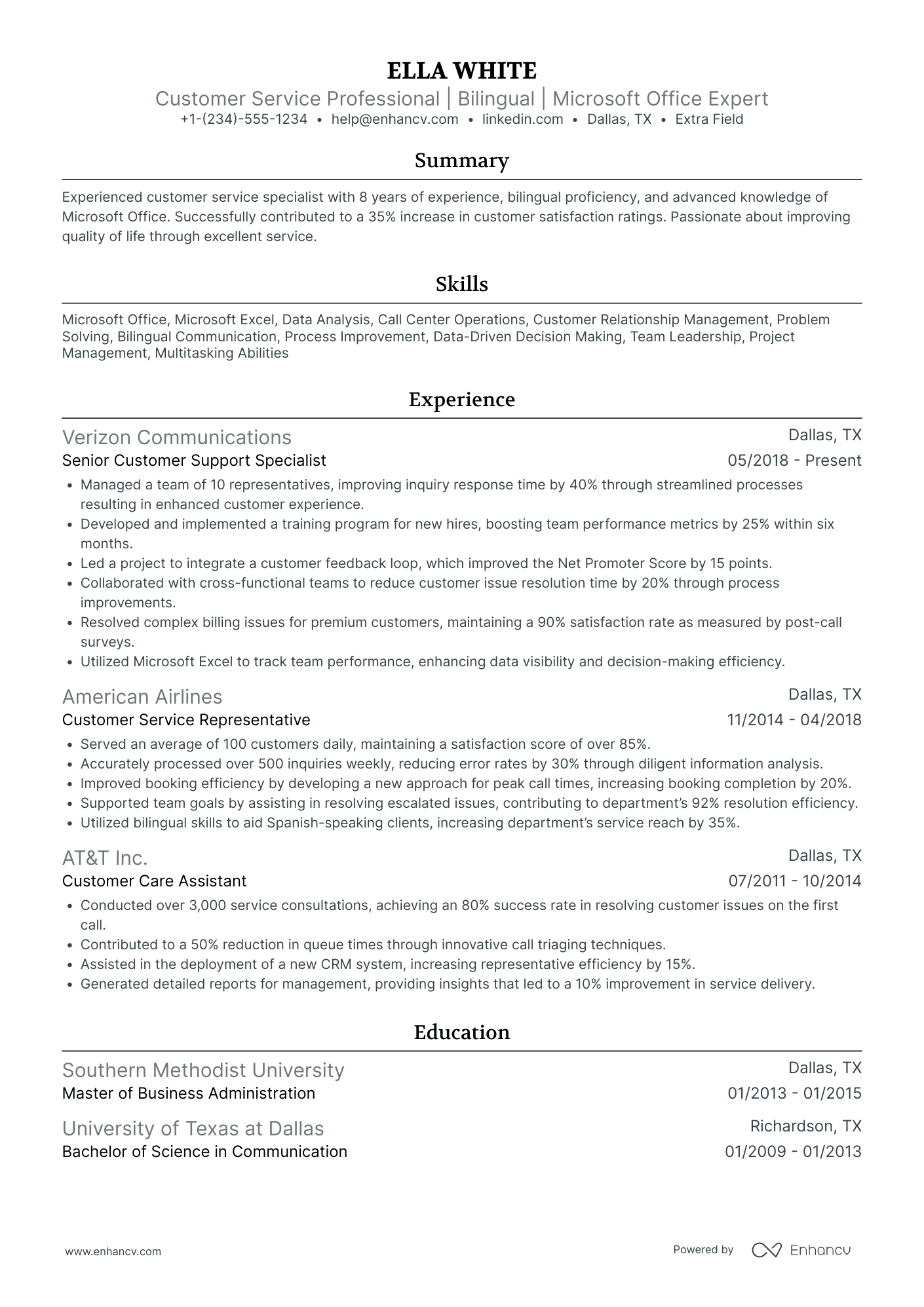 Call Center Customer Service Representative Resume Example