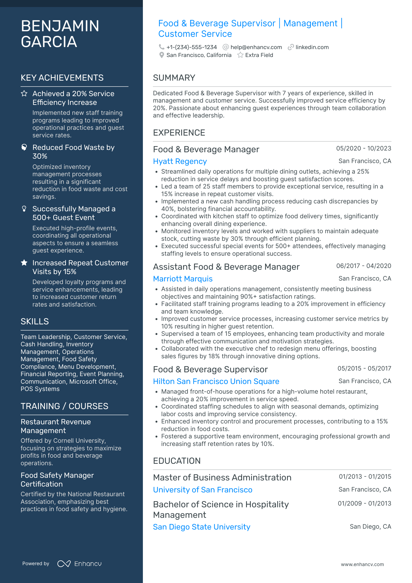 Food and Beverage Supervisor Resume Example