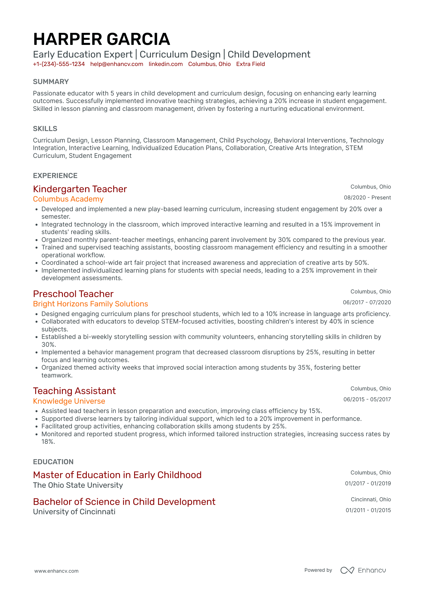 Kindergarten Teacher Intern Resume Example