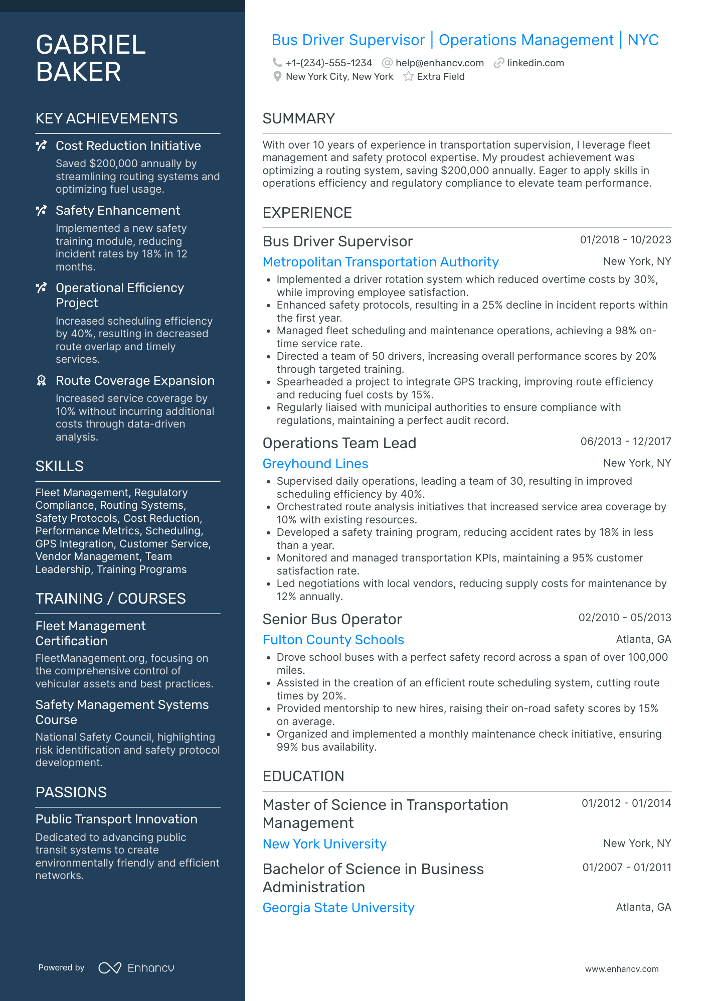 Bus Driver Supervisor Resume Example