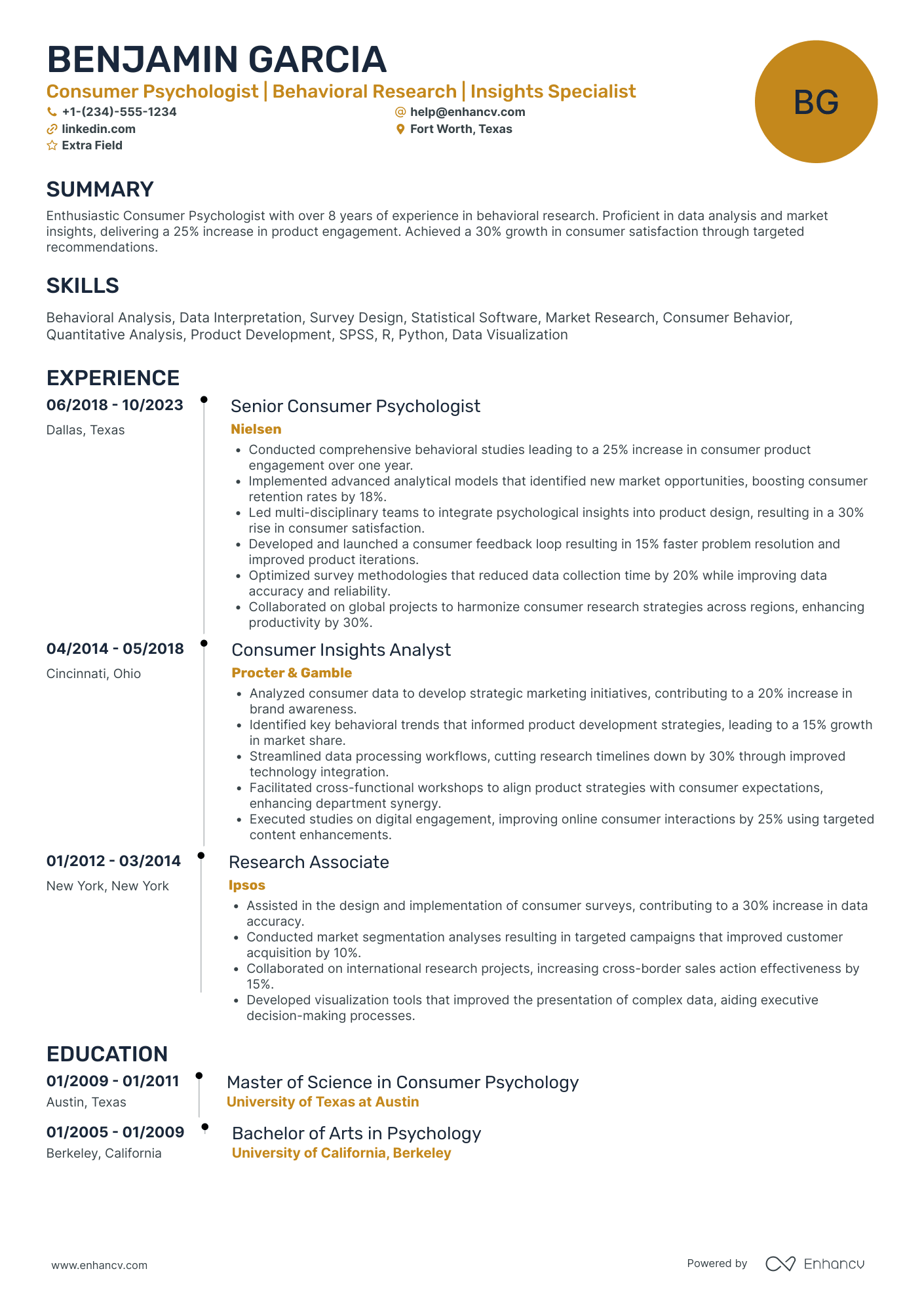 Consumer Psychologist Resume Example