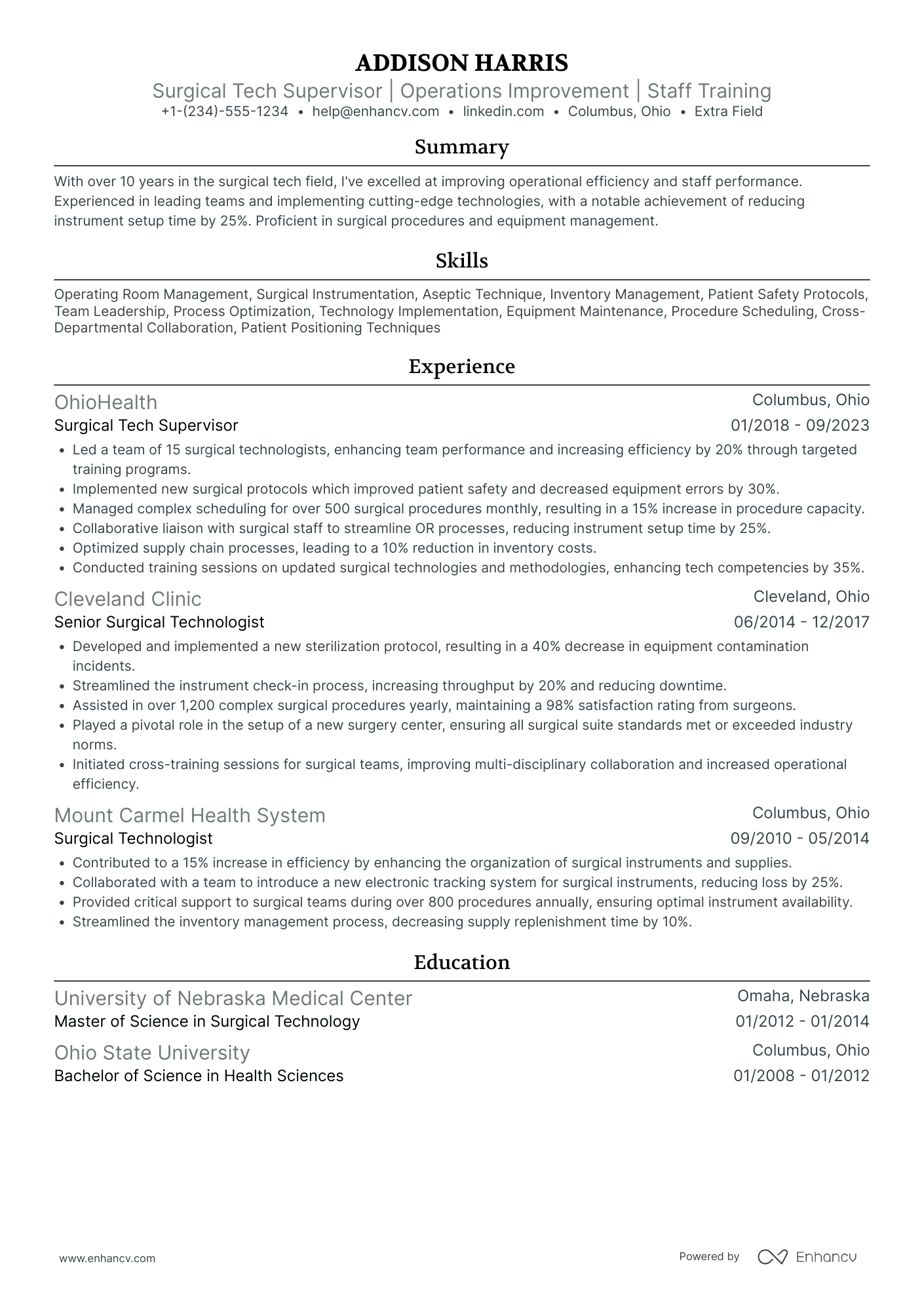 Surgical Tech Supervisor Resume Example