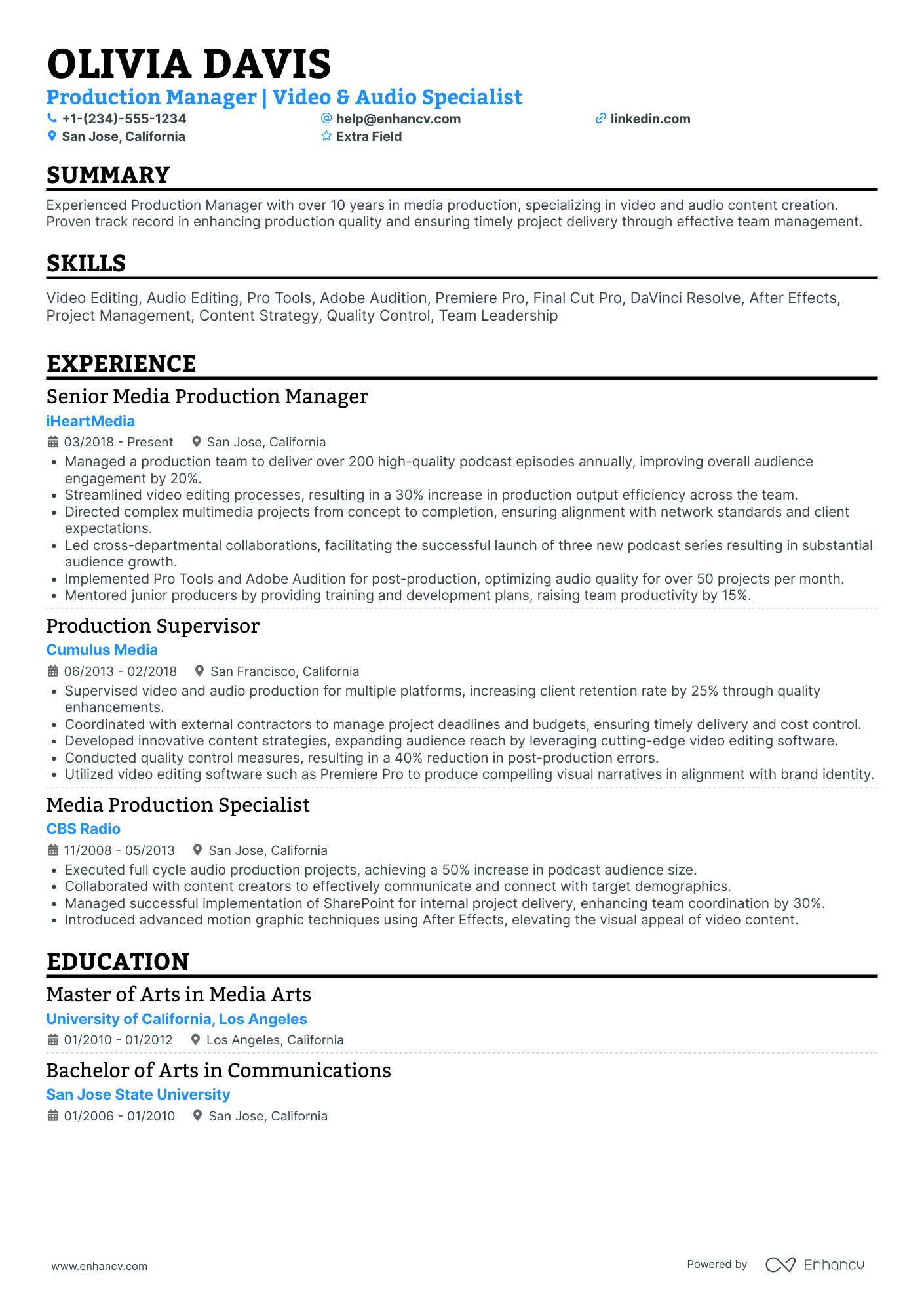 Podcaster Production Manager Resume Example