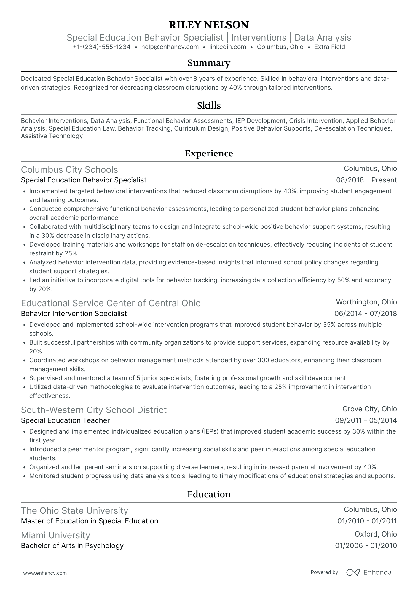 Special Education Behavior Specialist Resume Example