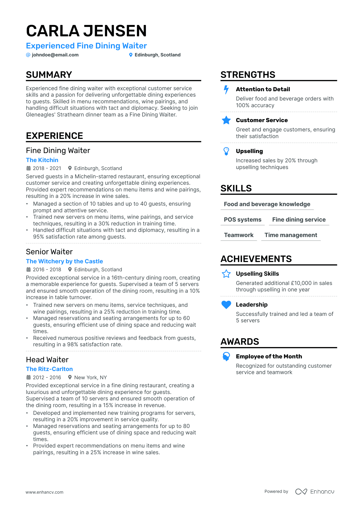 Fine Dining Resume Example