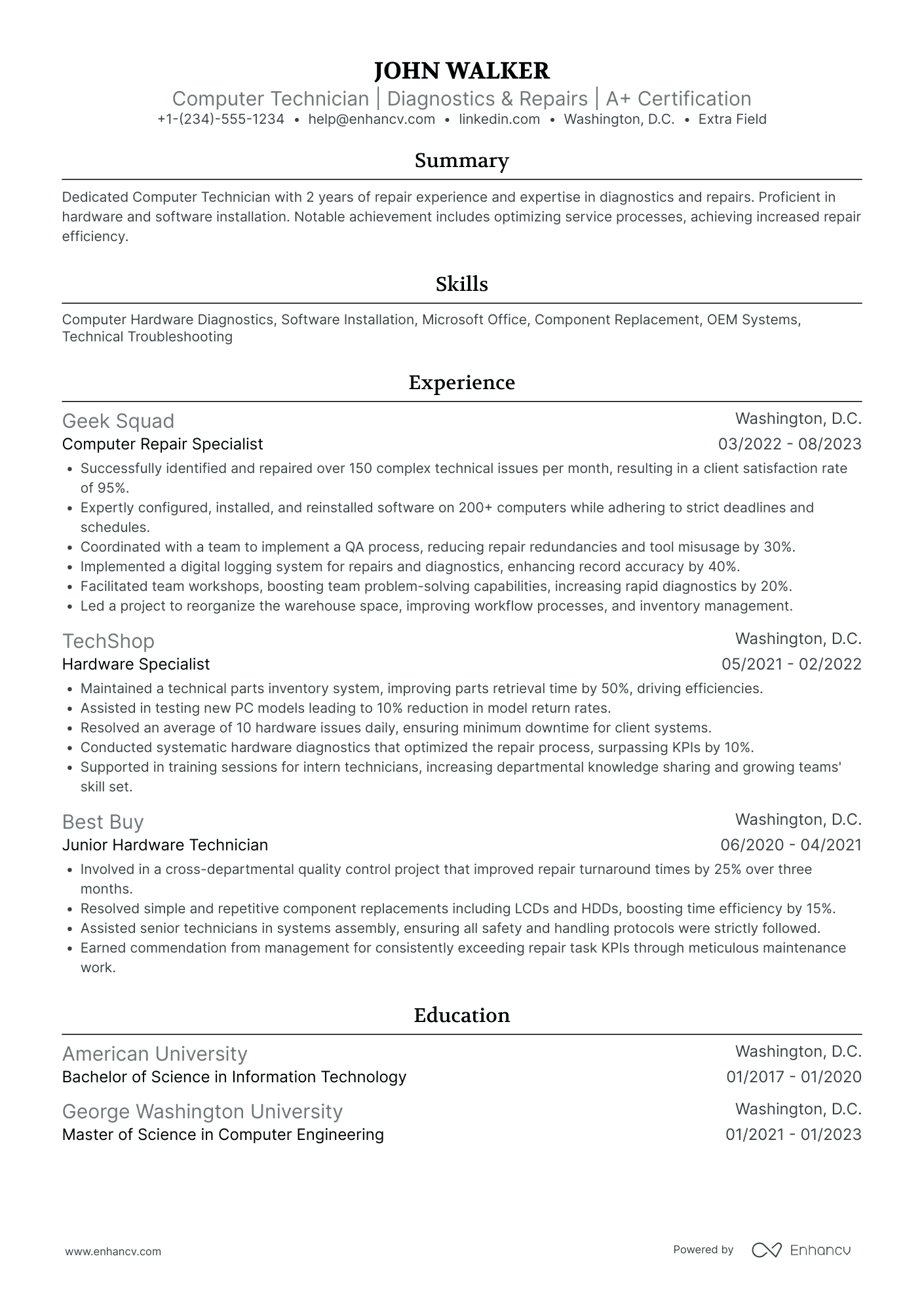 Computer Repair Technician Resume Example