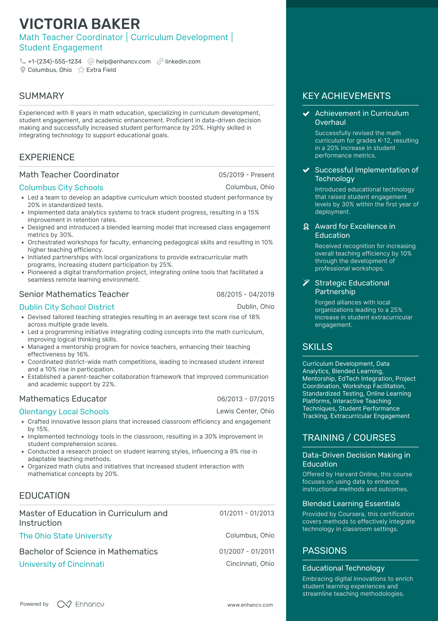 Math Teacher Coordinator Resume Example