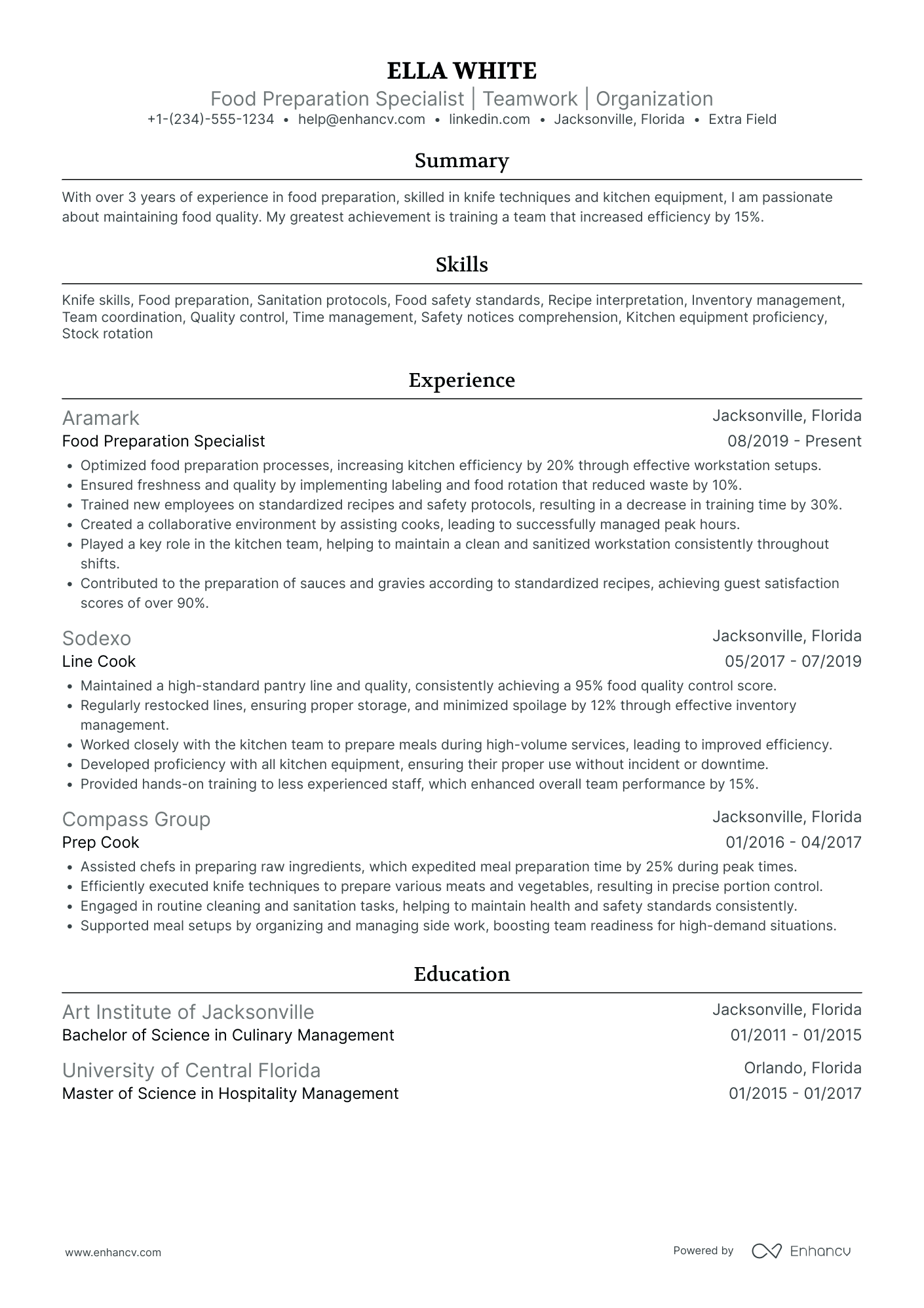 Part Time Prep Cook Resume Example