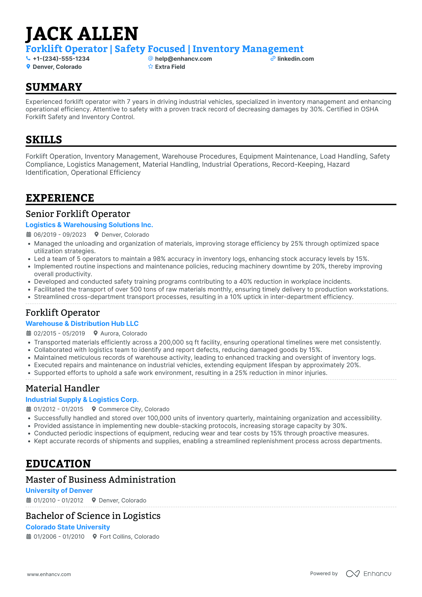 Industrial Forklift Operator Resume Example