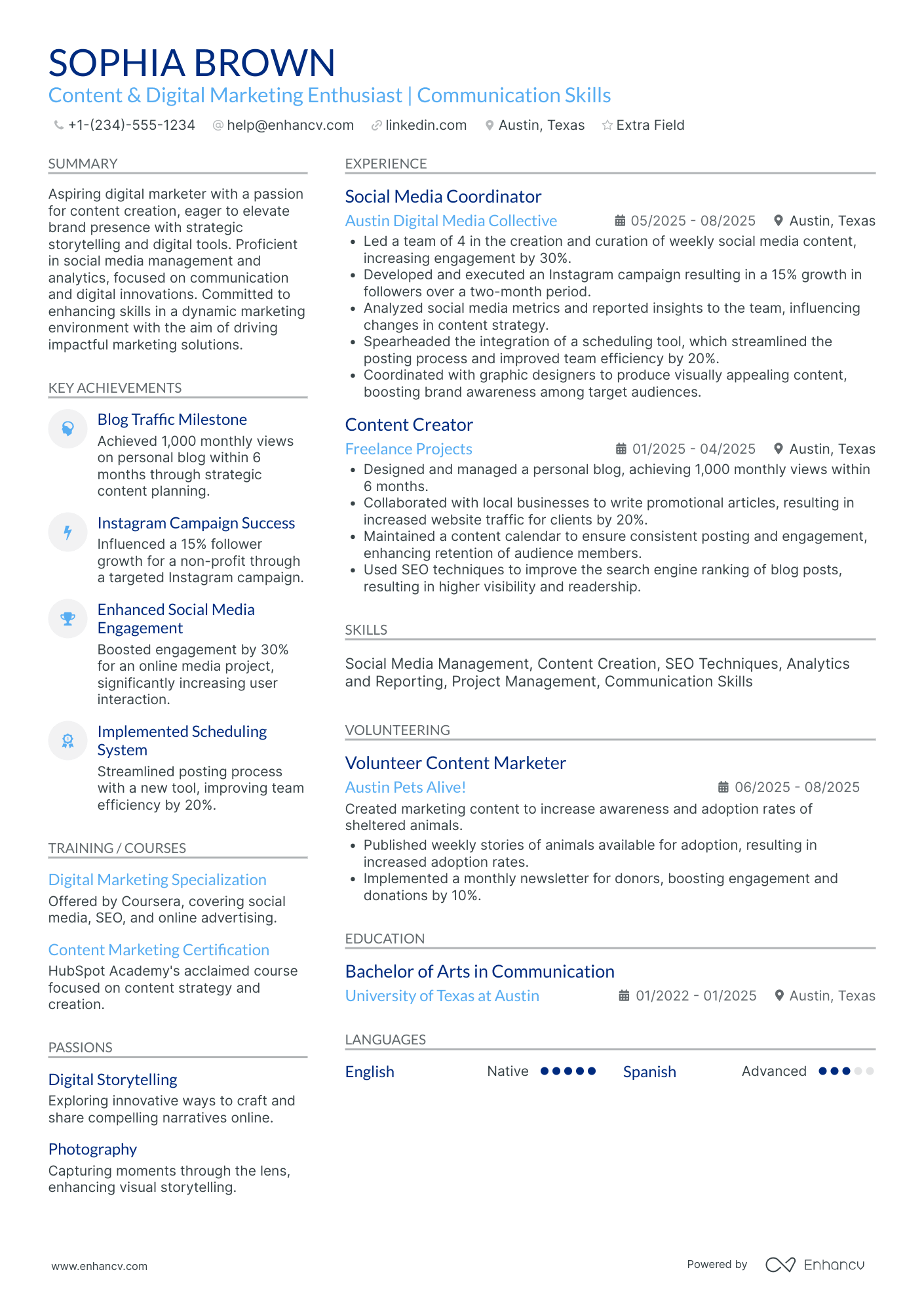 Social Media and Digital Marketing Intern Resume Example