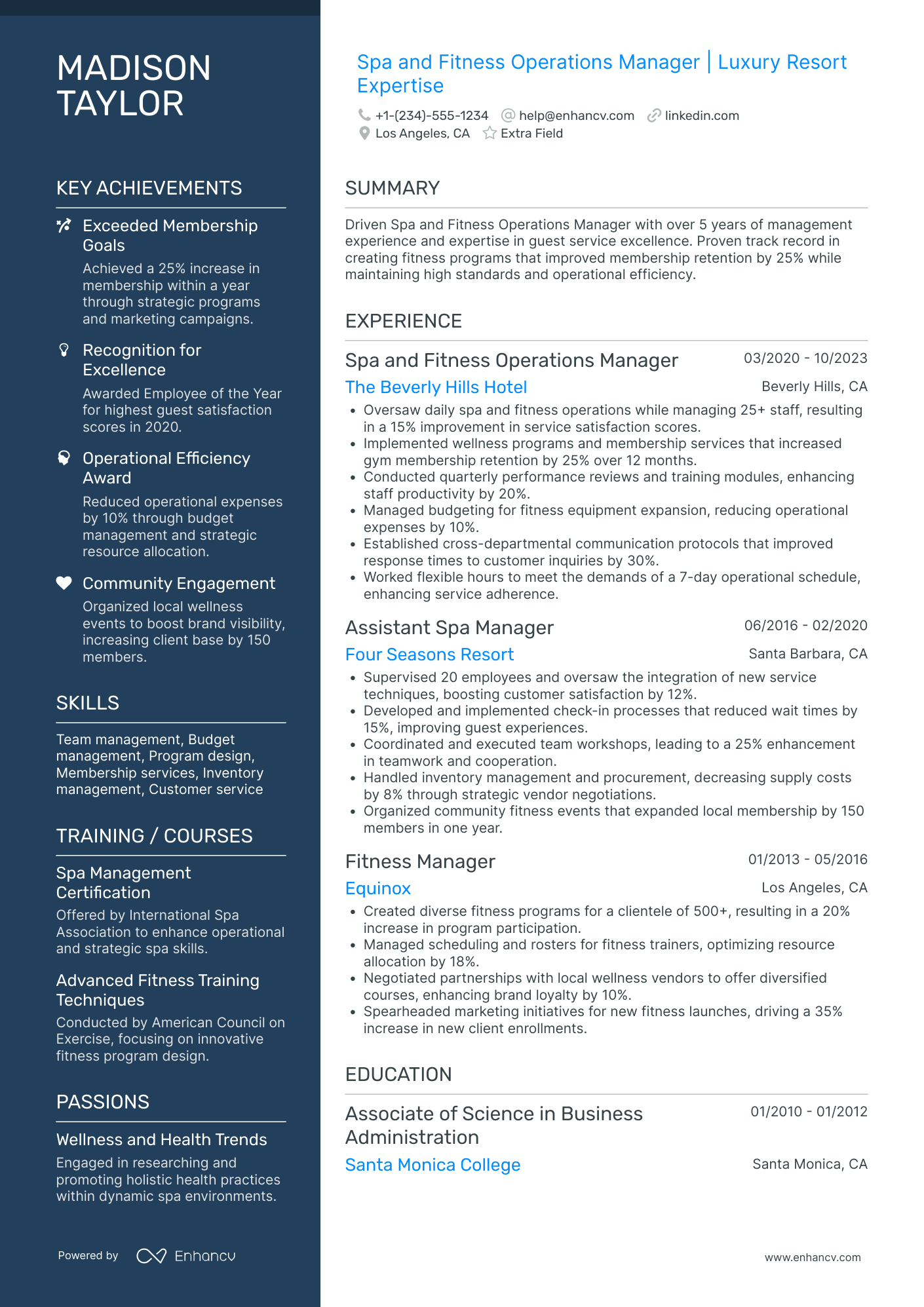 Spa and Fitness Manager Resume Example