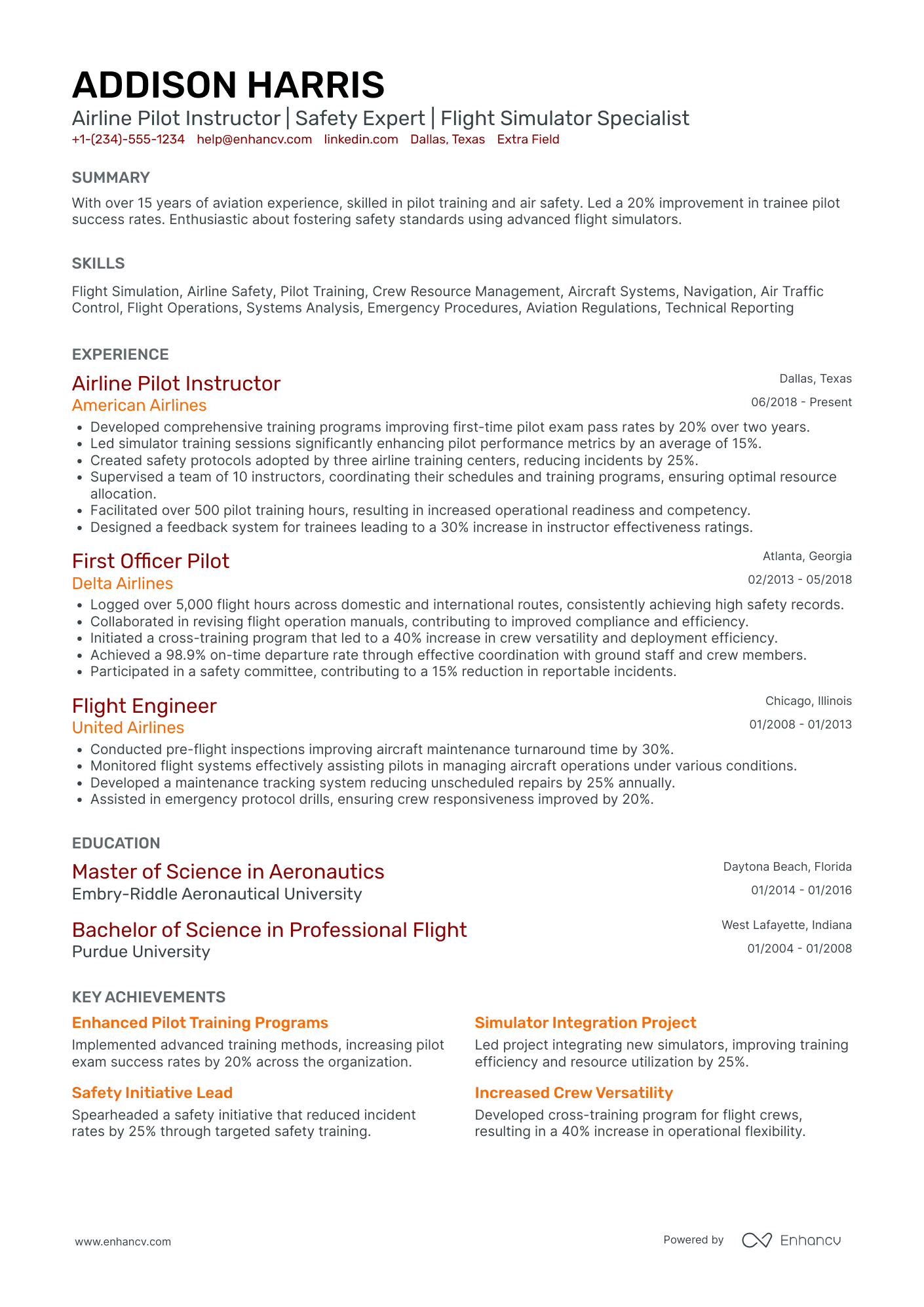 Airline Pilot Instructor Resume Example