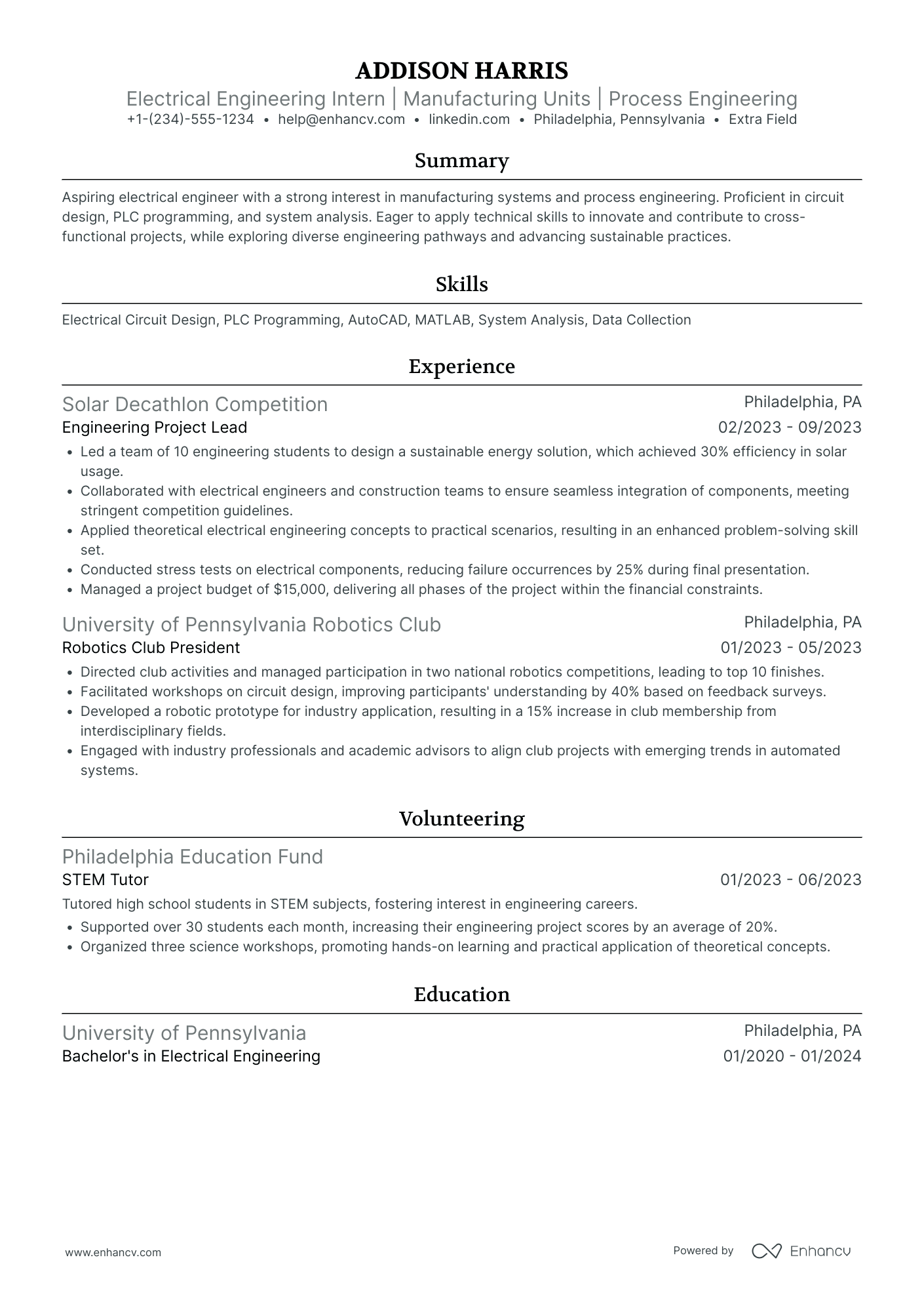 Electrical Engineering Intern Resume Example