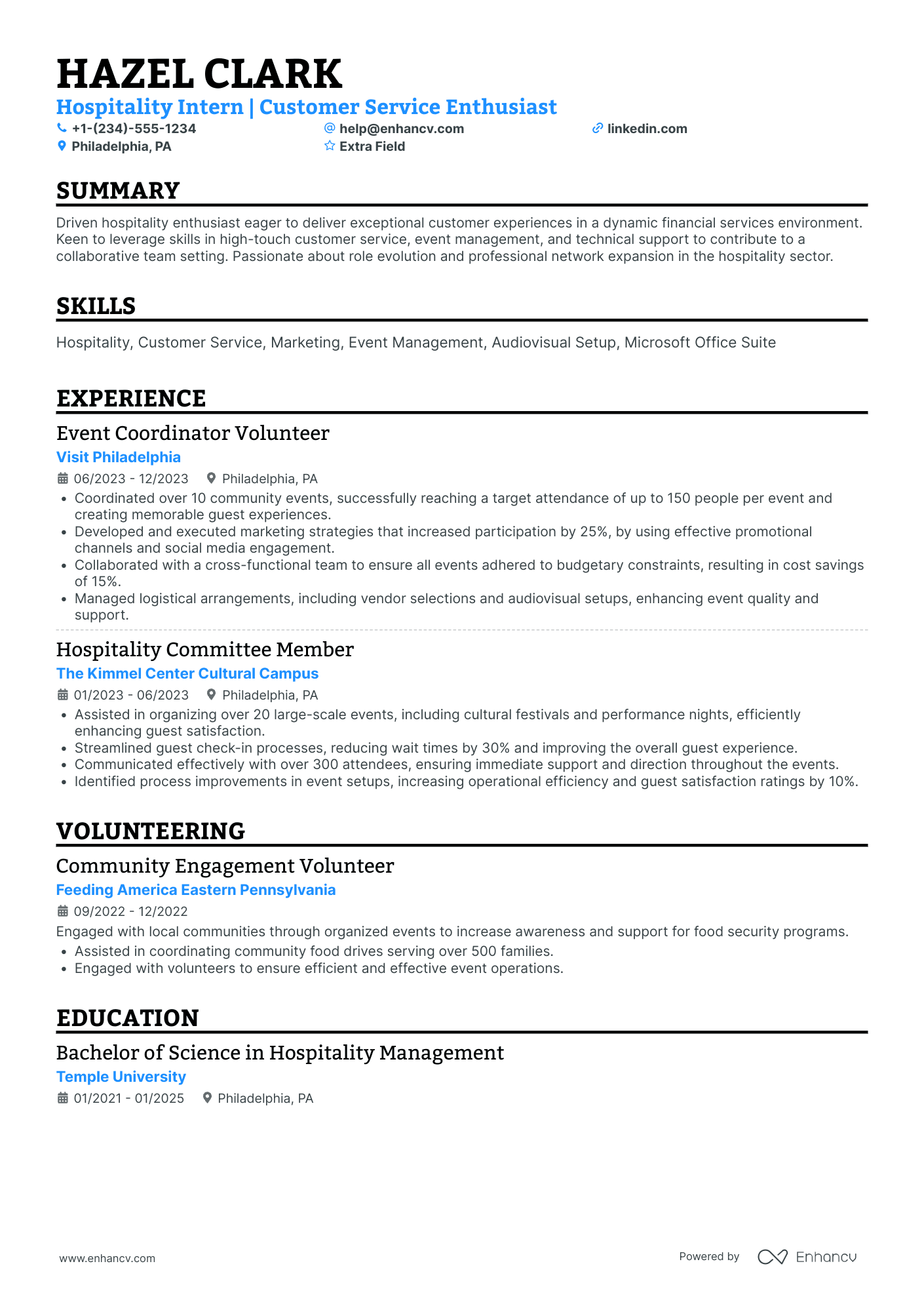 Hospitality Intern Resume Example