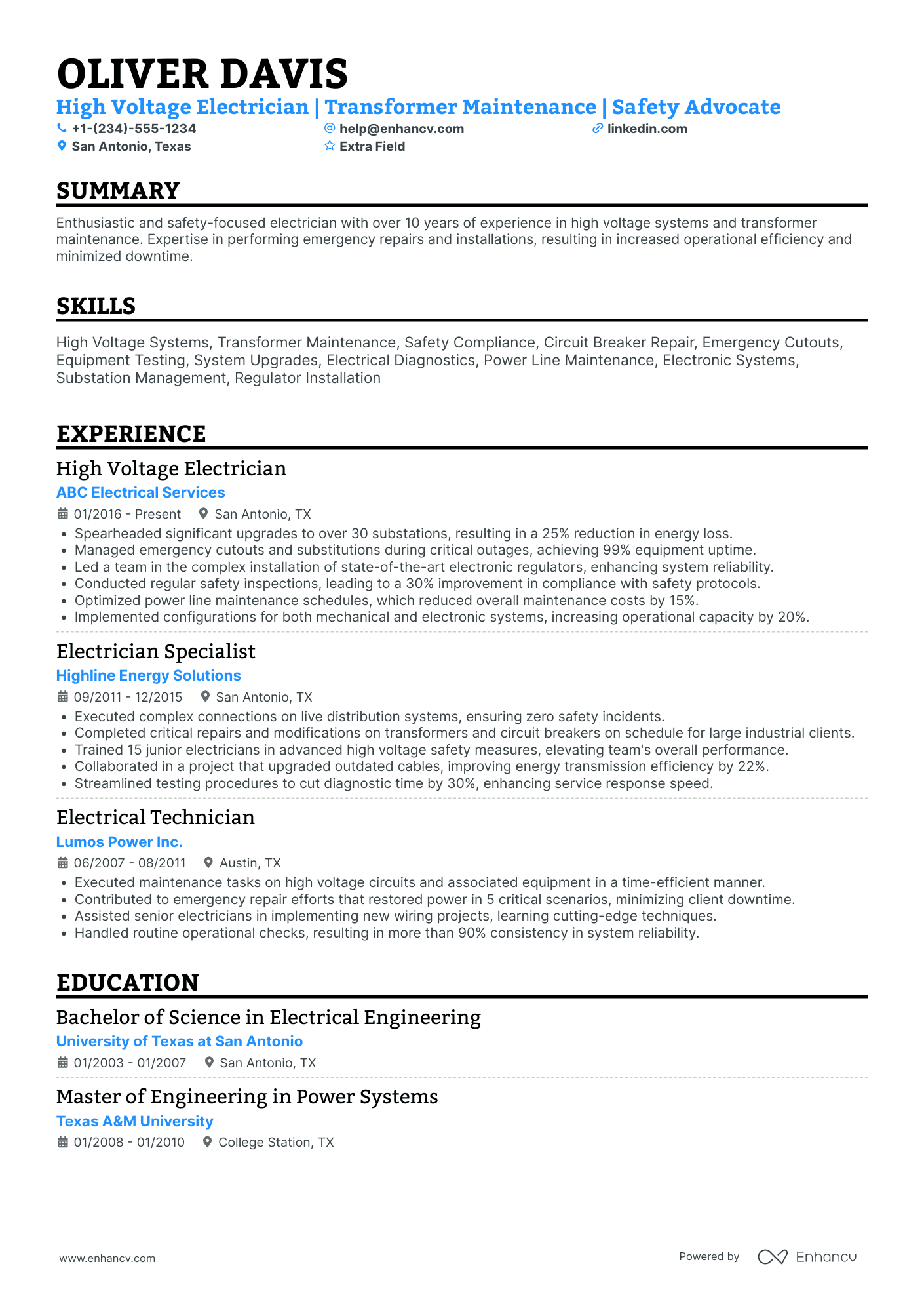 High Voltage Electrician Resume Example