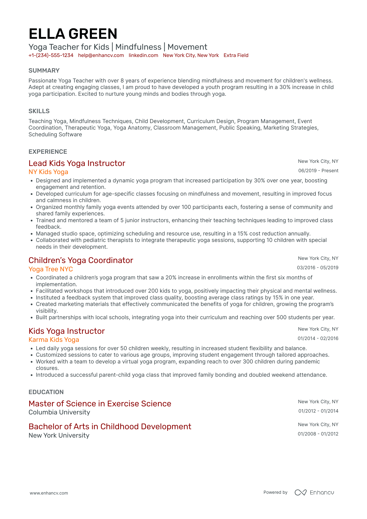 Yoga Teacher for Kids Resume Example