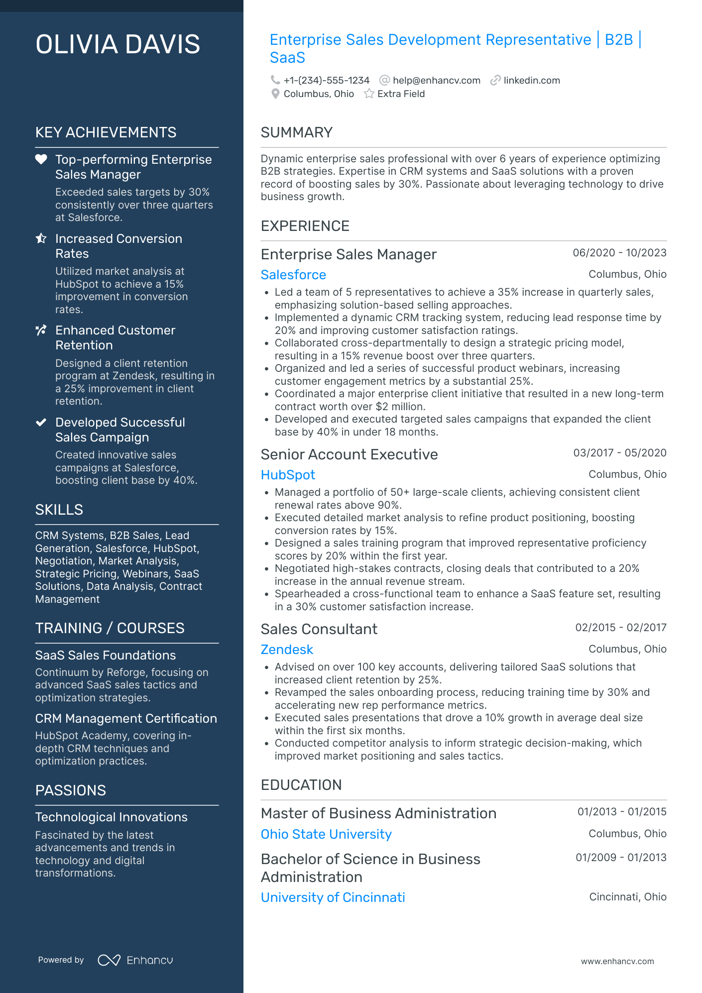 Enterprise Sales Development Representative Resume Example