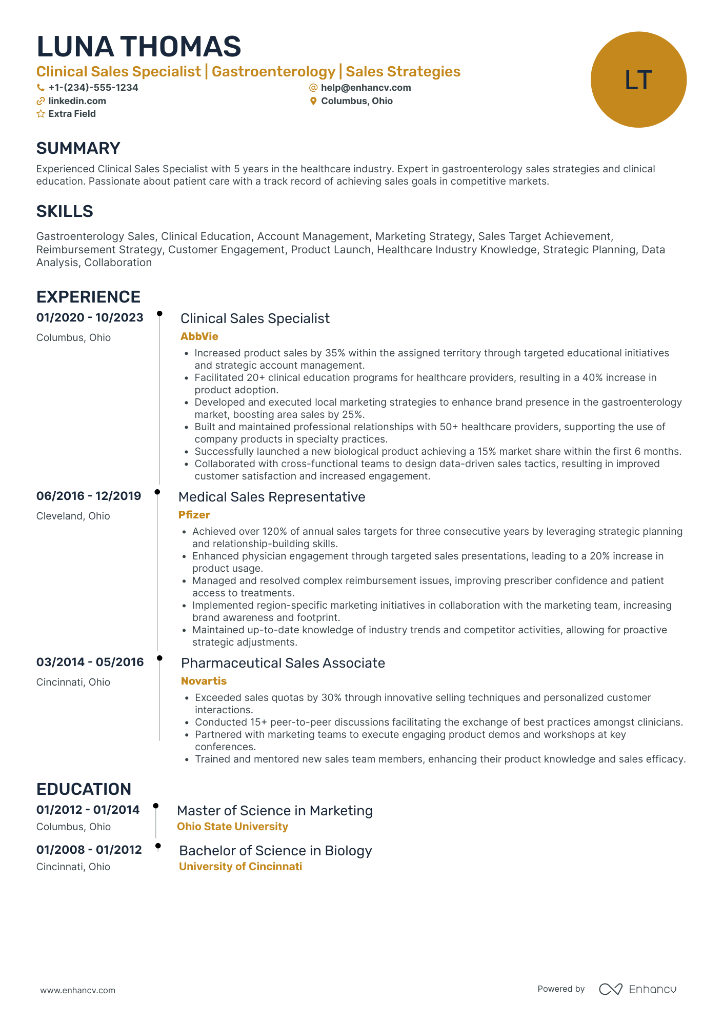 Biotech Medical Sales Specialist Resume Example