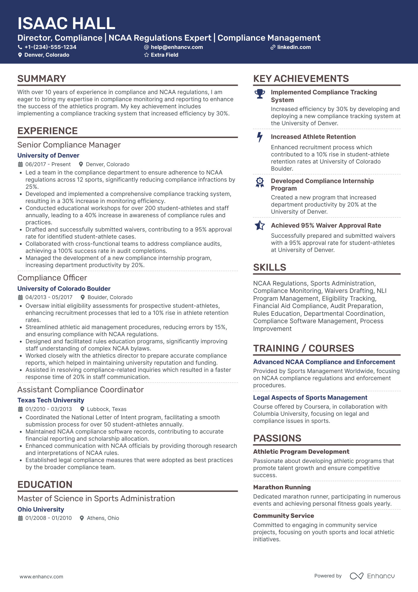 Sports Compliance Officer Resume Example