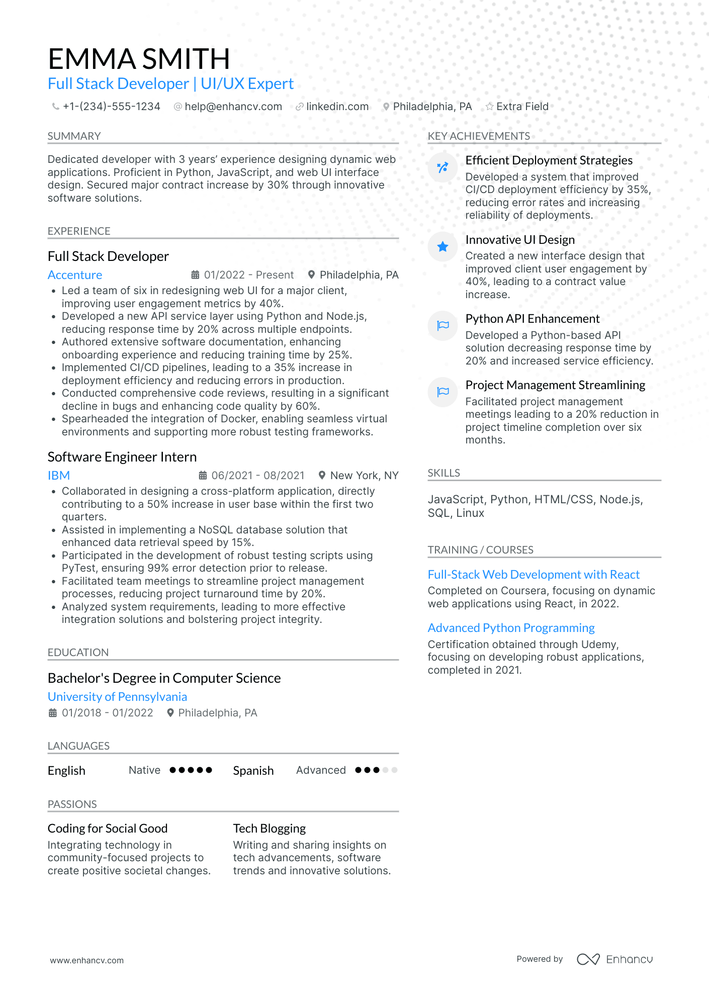 Junior React Full Stack Developer Resume Example