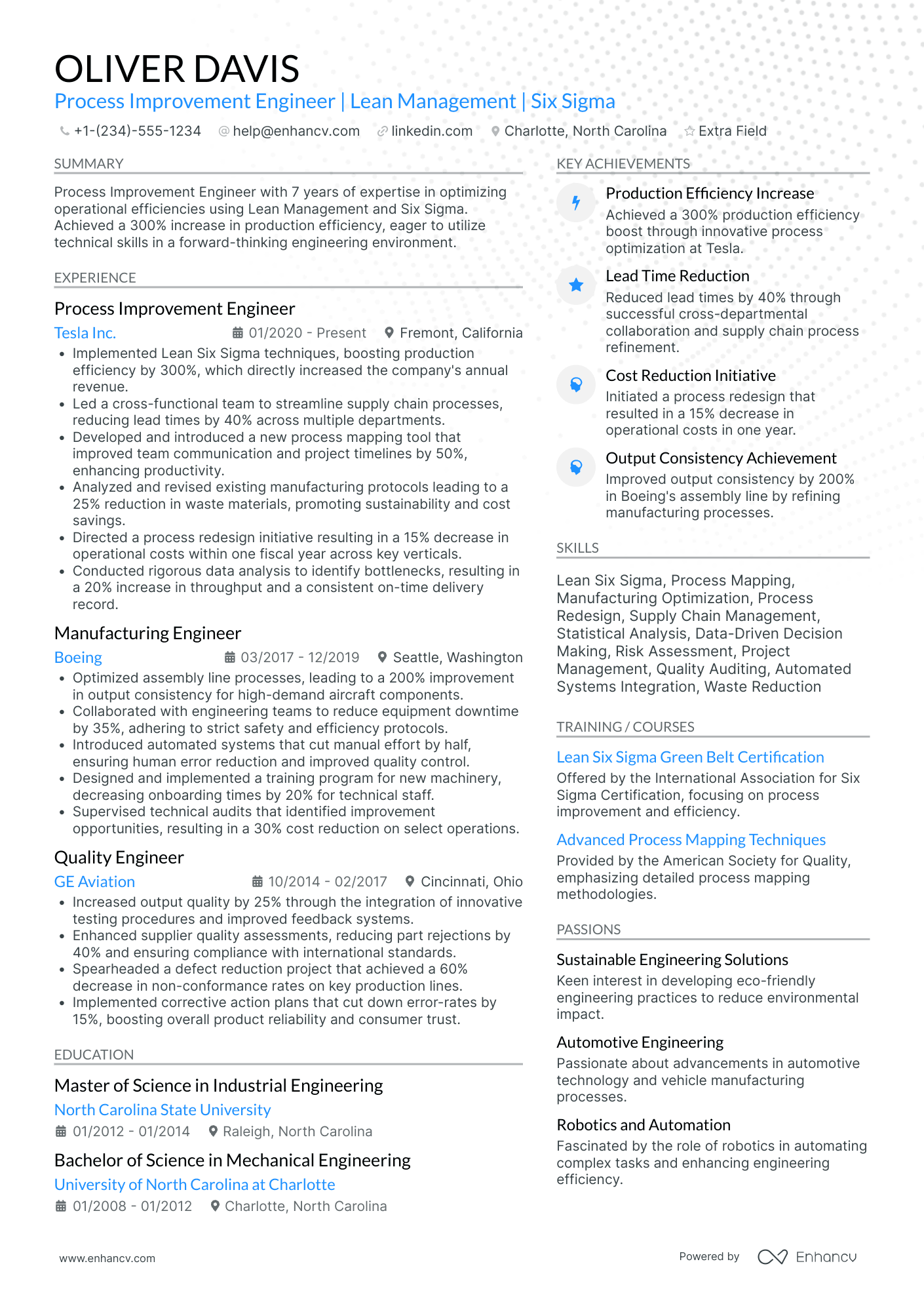 Process Improvement Engineer Resume Example