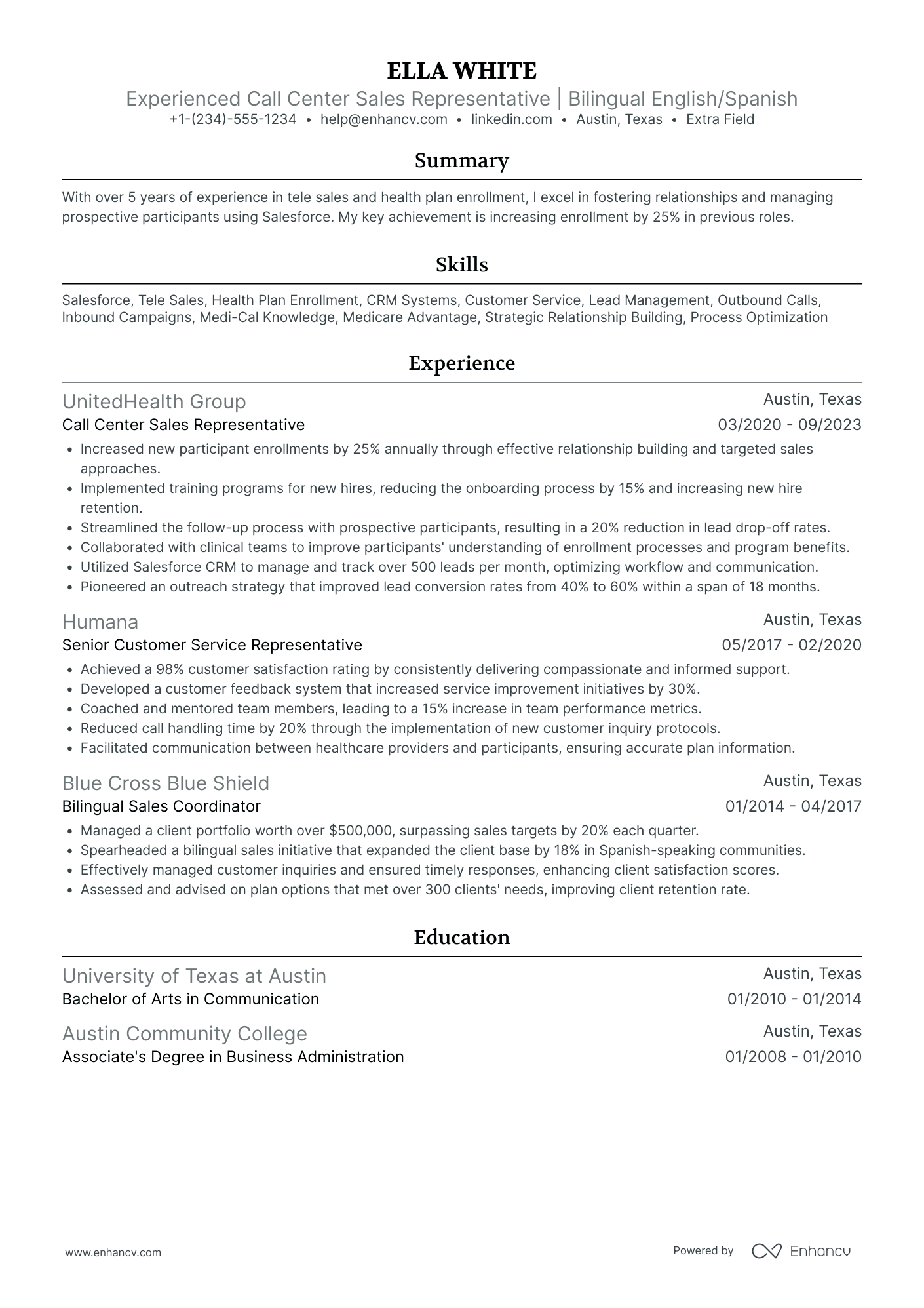 Outbound Call Center Representative Resume Example