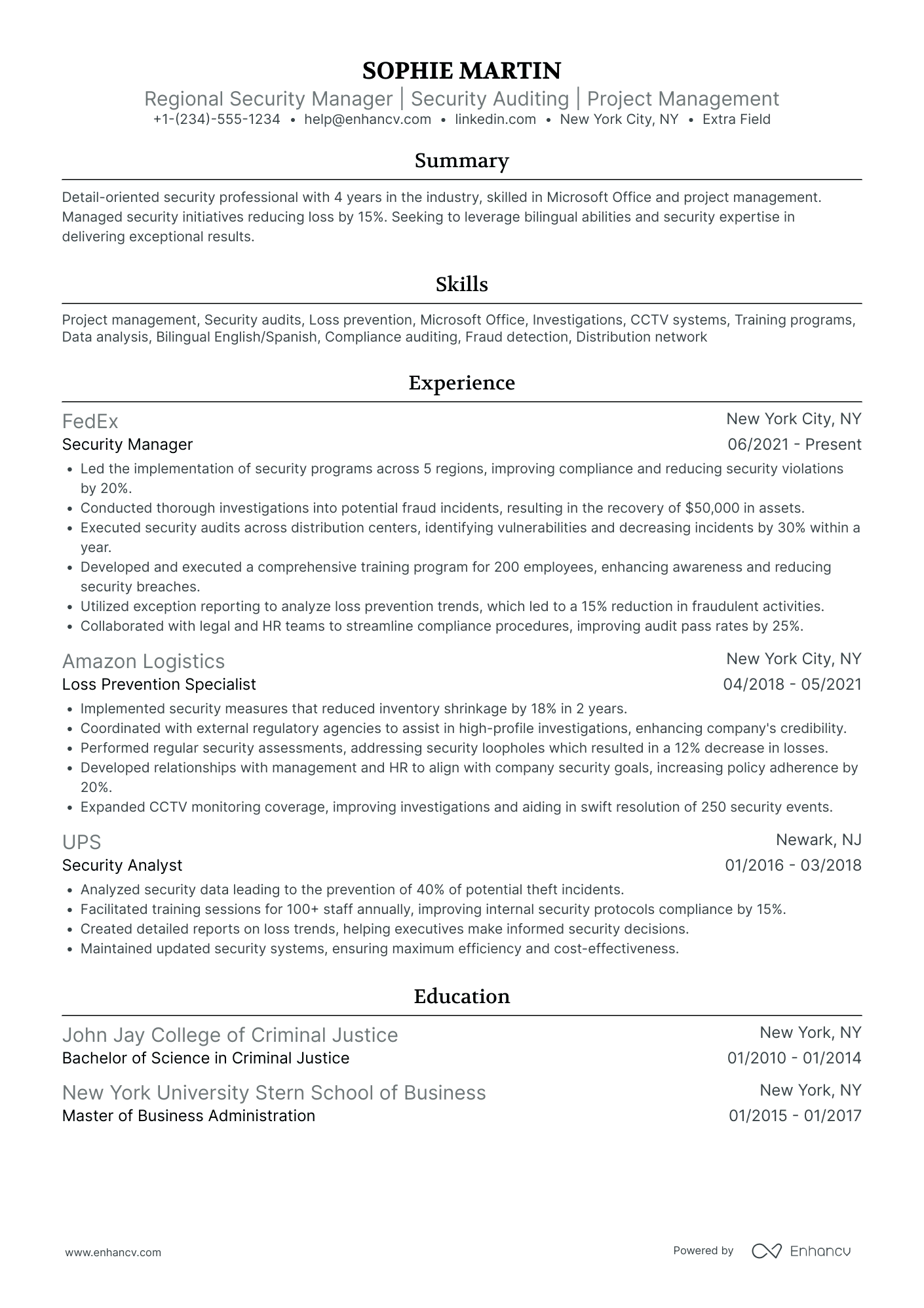 Regional Security Manager Resume Example