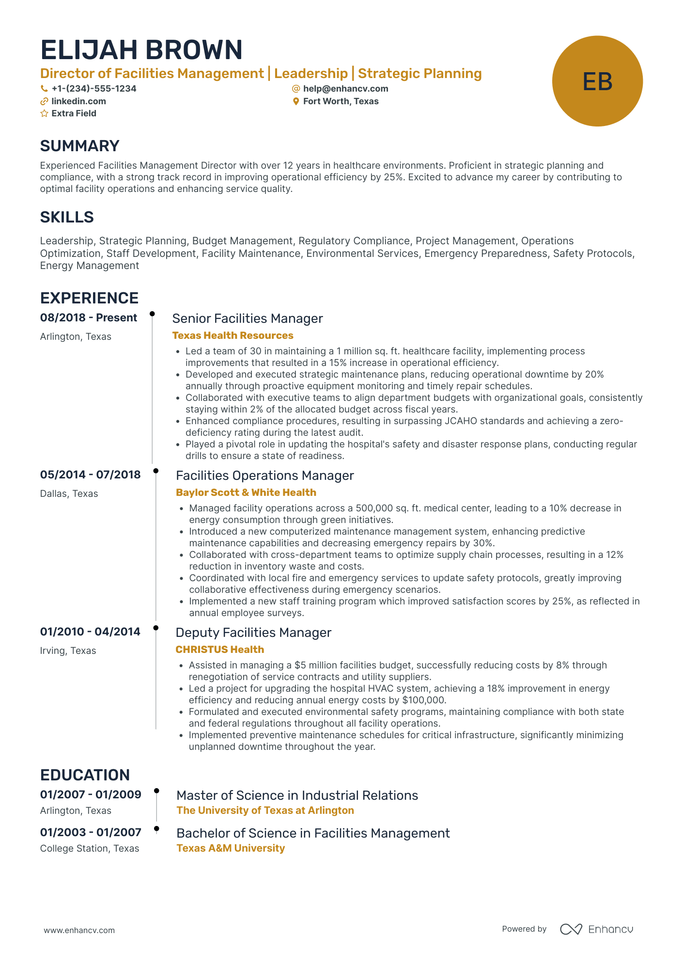 Facilities Management Director Resume Example