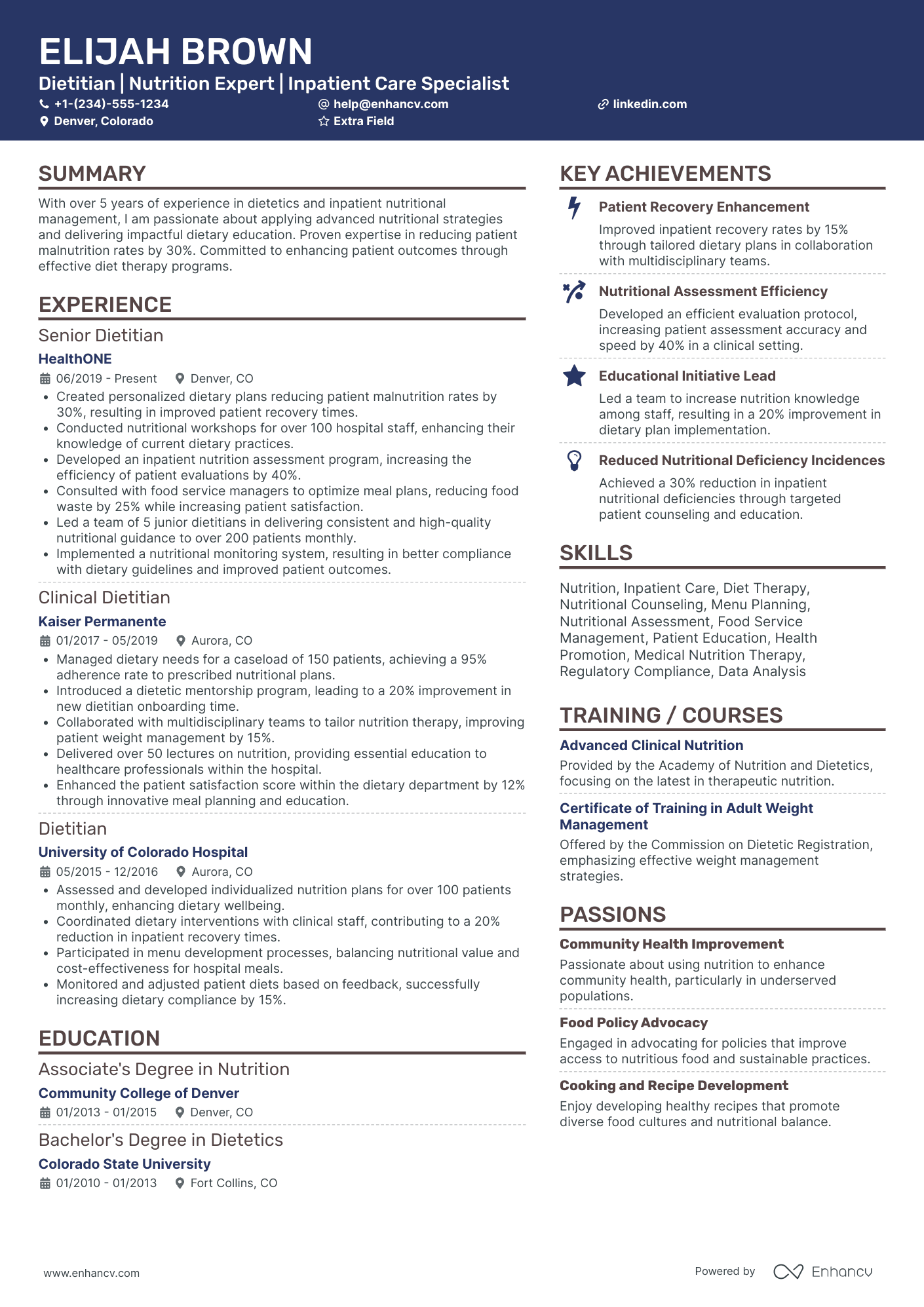 Food Service Dietitian Resume Example